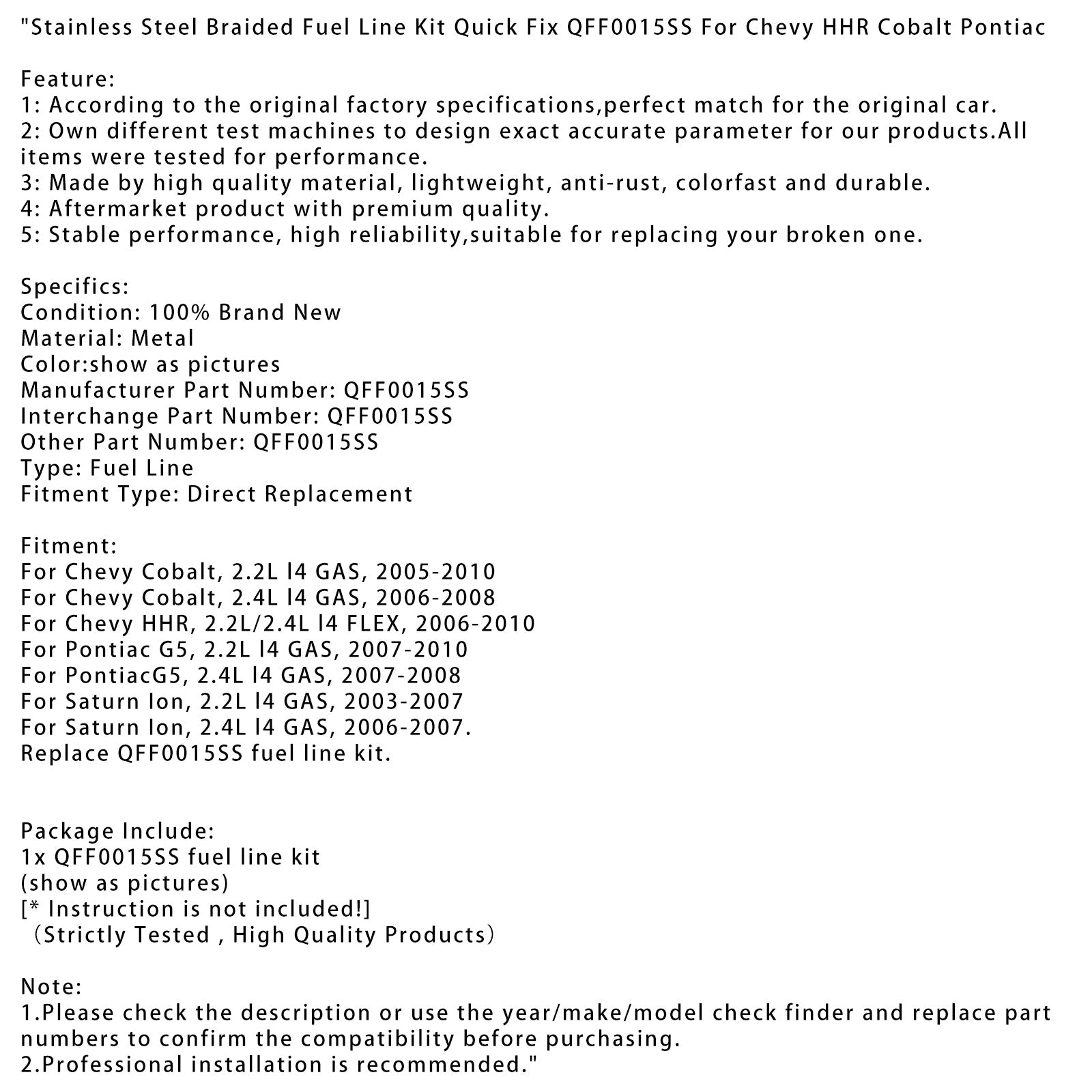 Stainless Steel Braided Fuel Line Kit Quick Fix QFF0015SS For HHR Cobalt Pontiac