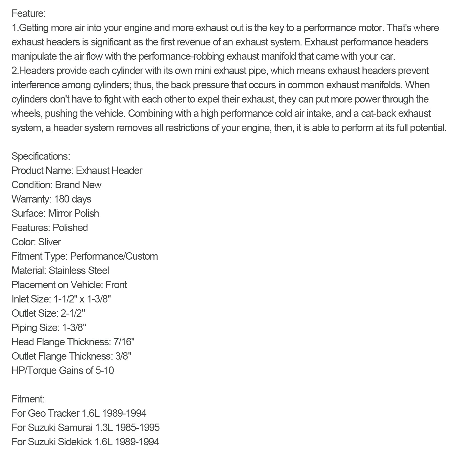 스테인리스 매니폴드 헤더는 스즈키 사무라이 및 지오 트래커 1.3L 1.6L L4 86-96에 적합합니다.