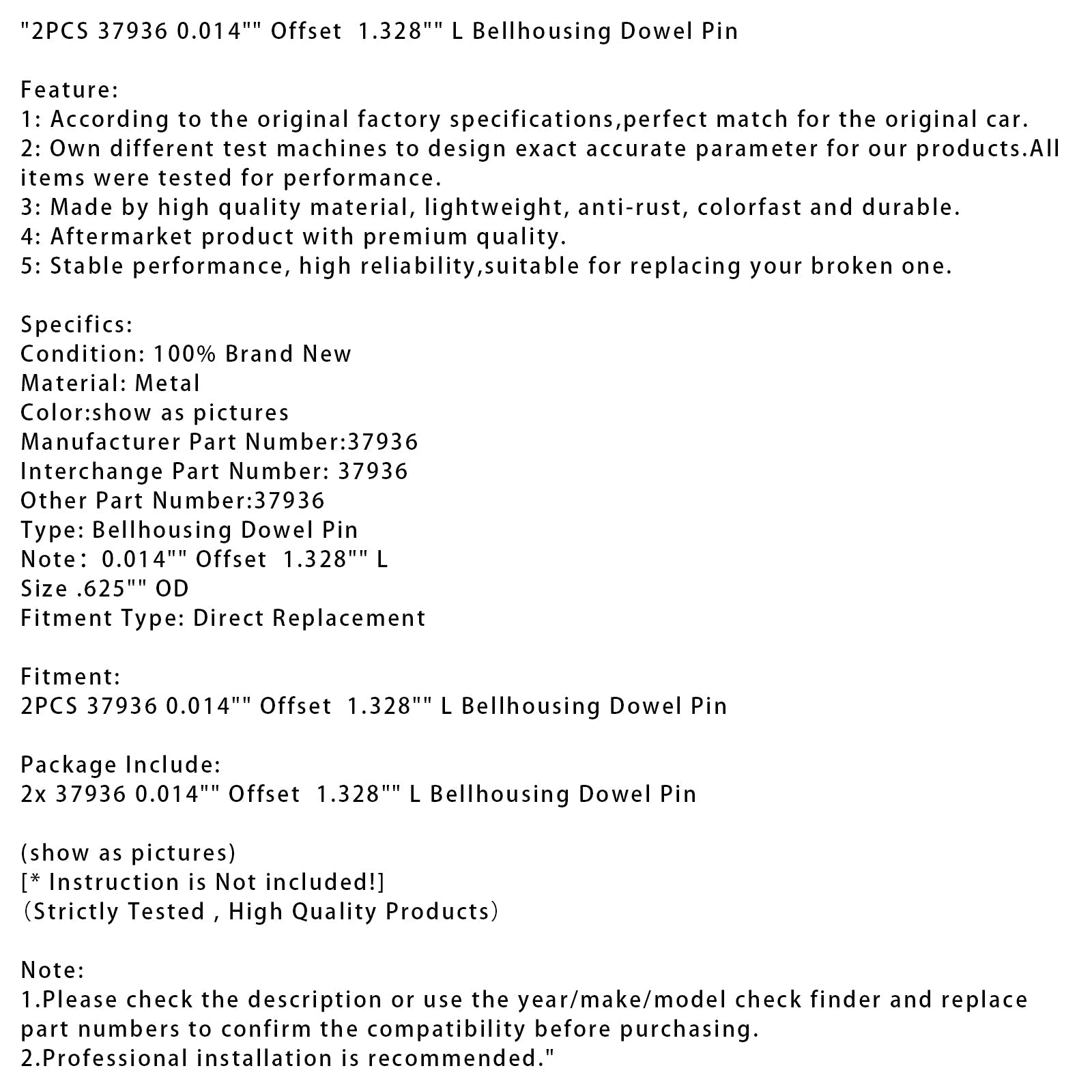 2PCS 37936 0.014" Offset 1.328" L Bellhousing Dowel Pin