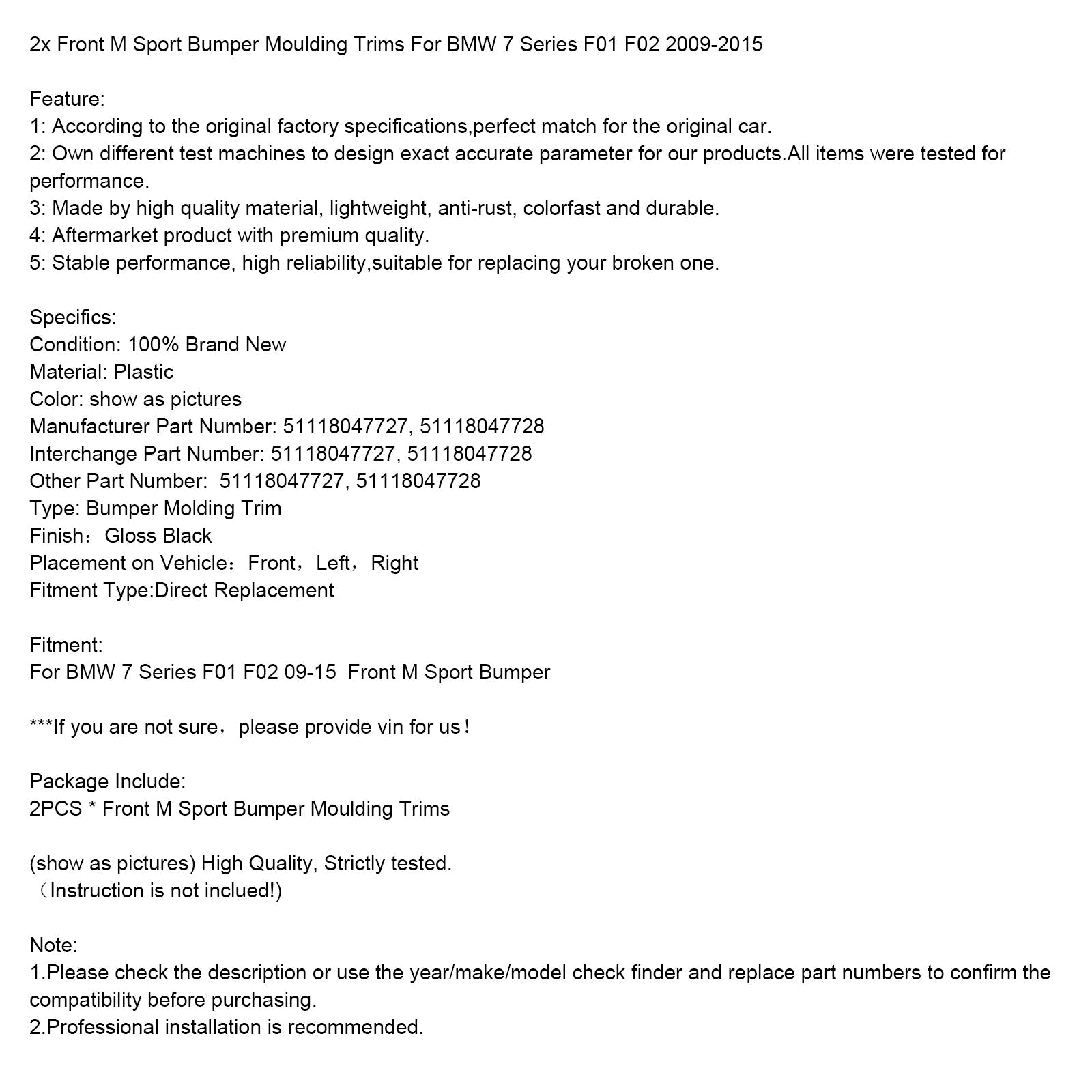 2009-2015 BMW 7 Series F01 F02 2x Front M Sport Bumper Moulding Trims