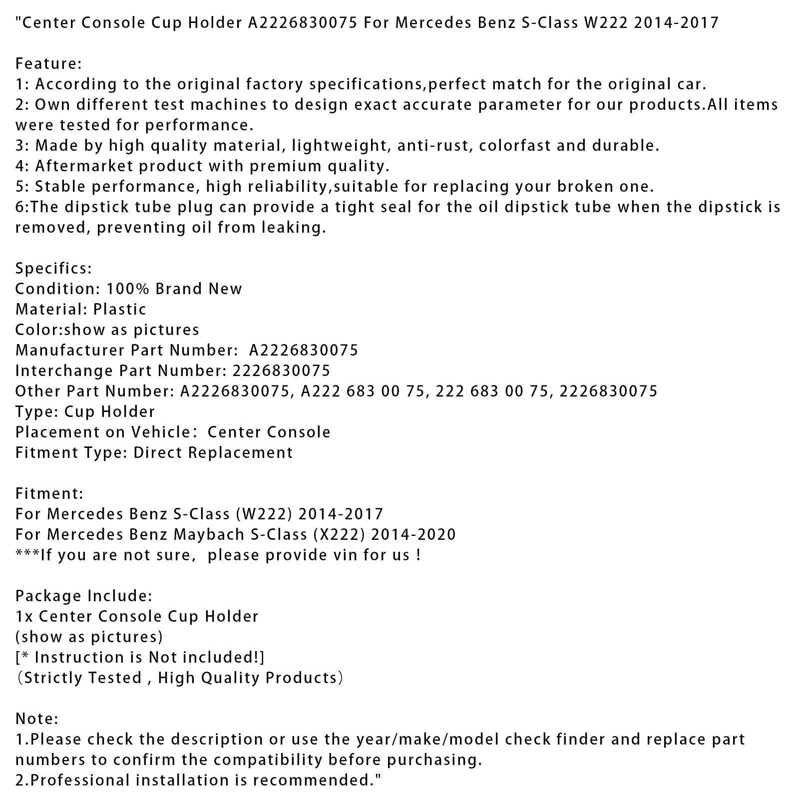 Center Console Cup Holder A2226830075 For Mercedes Benz S-Class W222 2014-2017