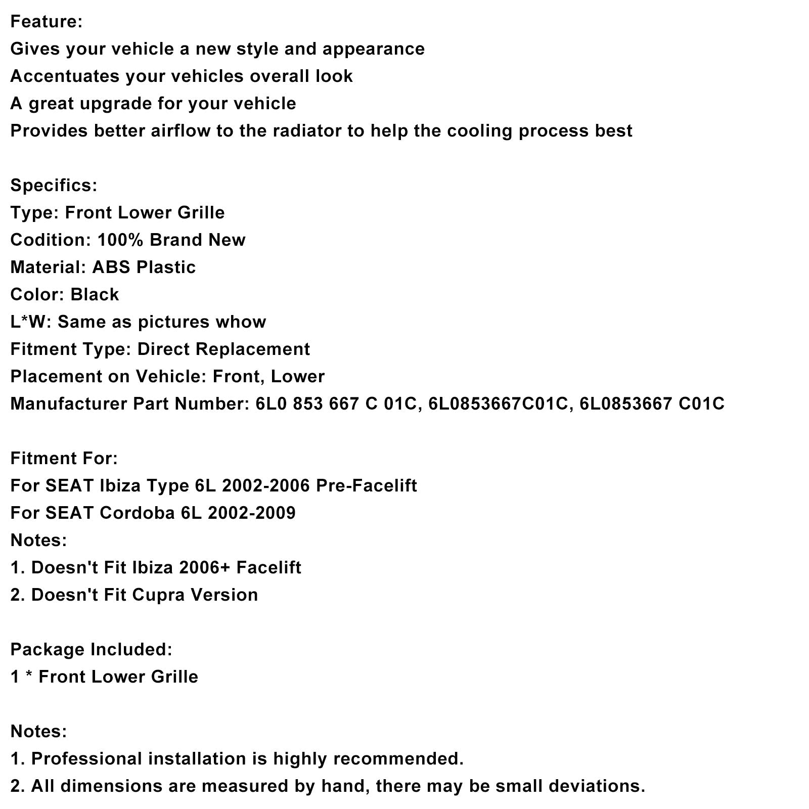 2002-2009 SEAT Cordoba 6L Front Honey Lower Grille Grill