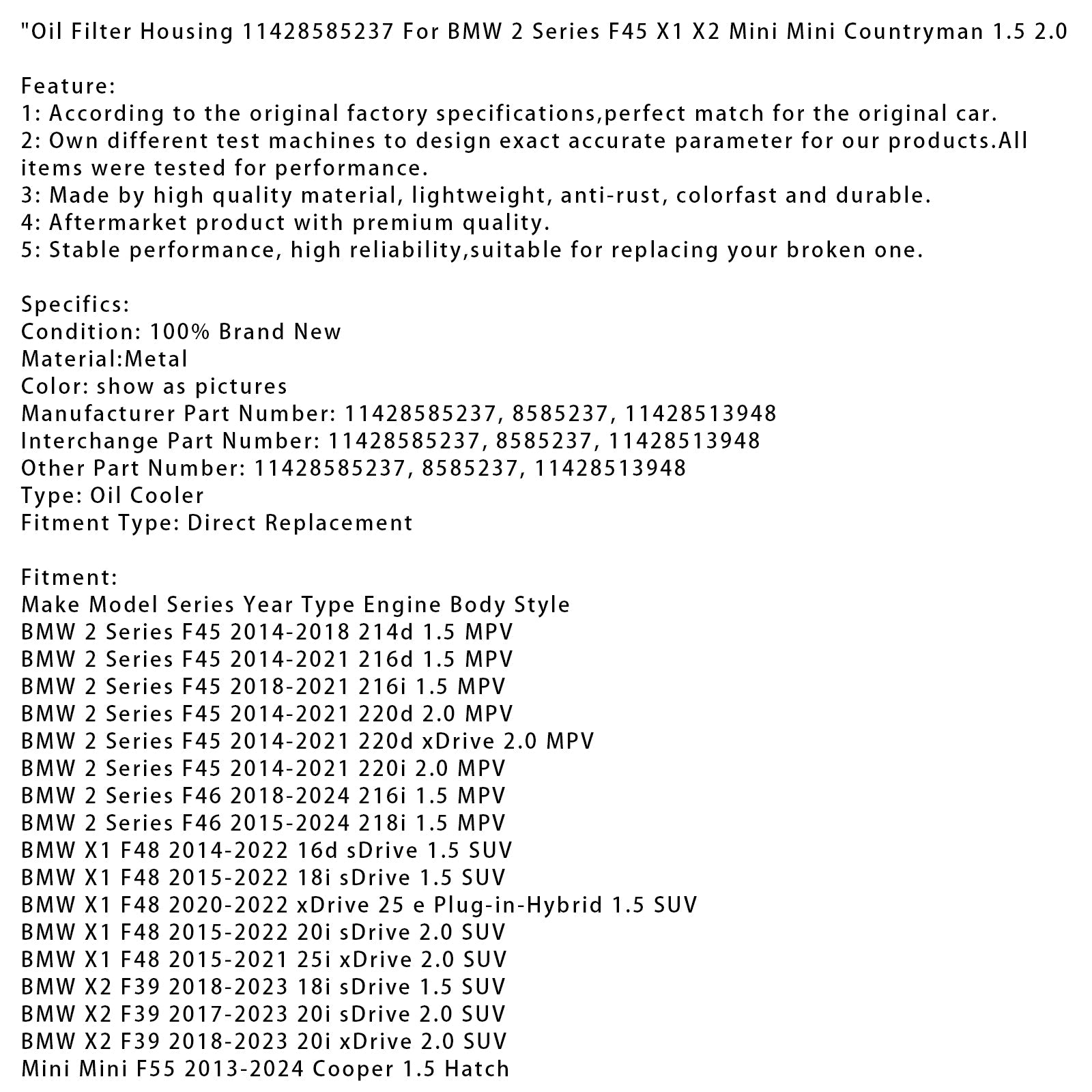 2018-2021 BMW 2 Series F45 216i 1.5 MPV Oil Filter Housing 11428585237 11428513948