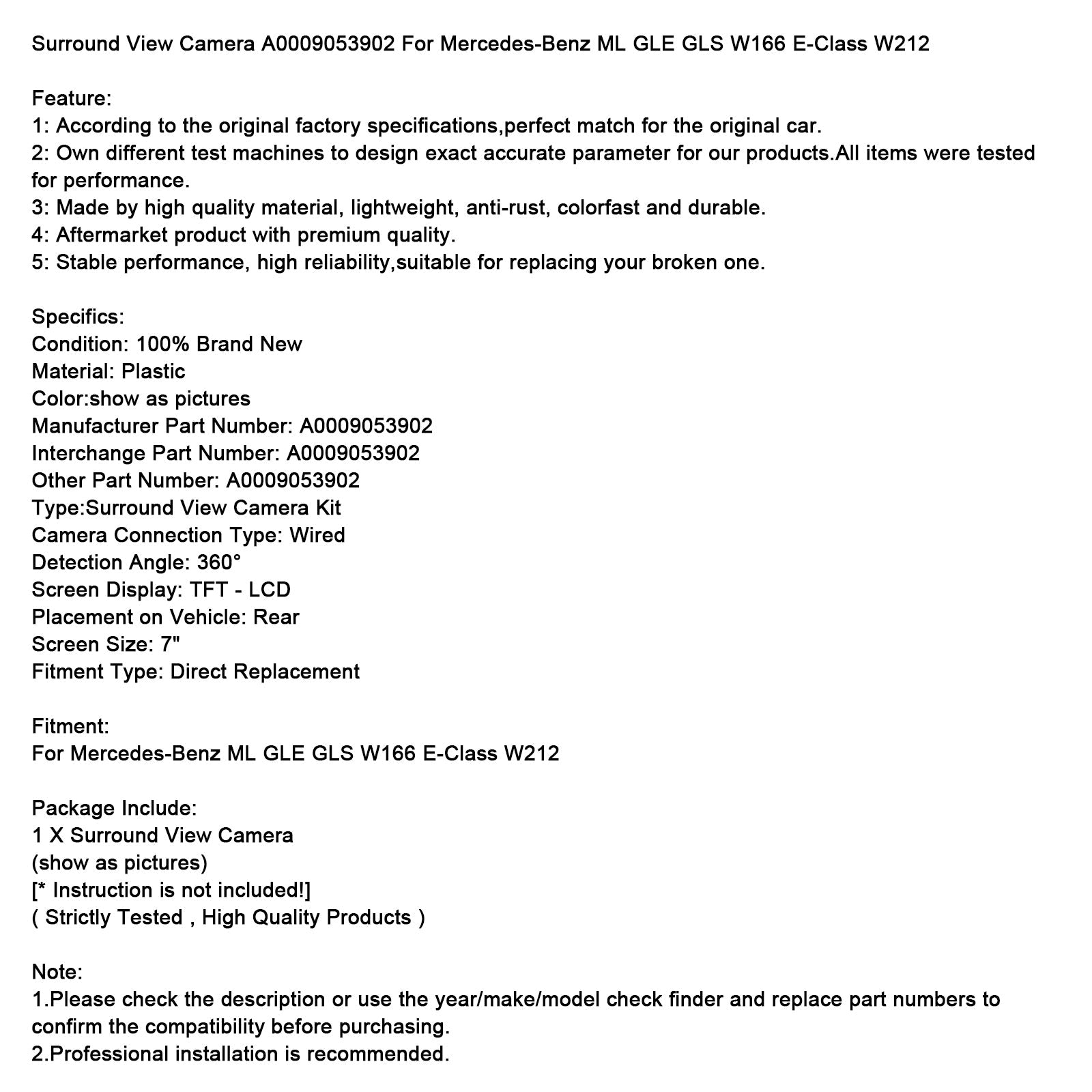 Mercedes-Benz ML GLE GLS W166 E-Class W212 Surround View Camera A0009053902