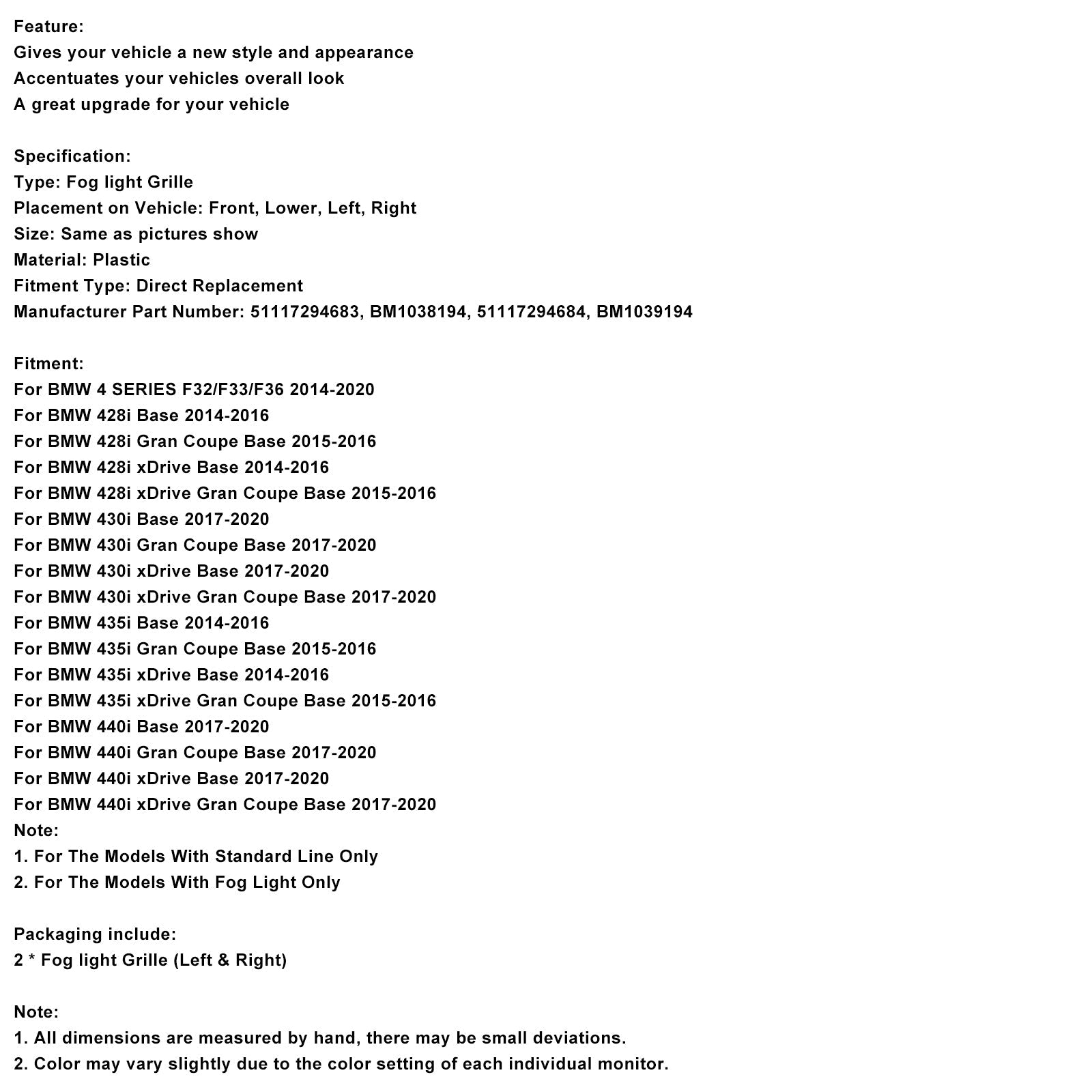 Fog Lamp Light Cover Insert Grill Grille Fit BMW 4 SERIES F32 428i 2014-2020