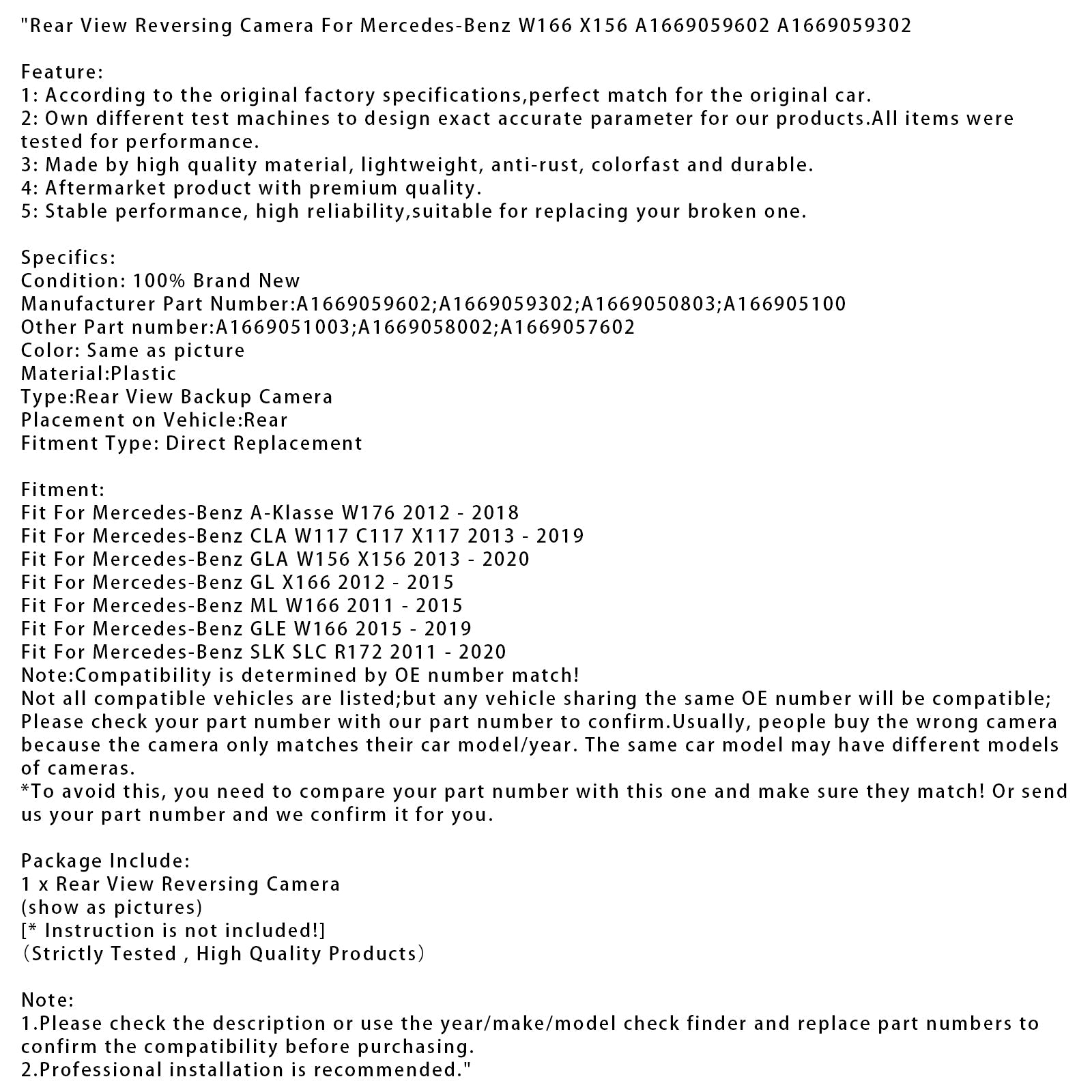 2011-2020 Mercedes-Benz SLK SLC R172 Rear View Reversing Camera A1669059602 A1669059302