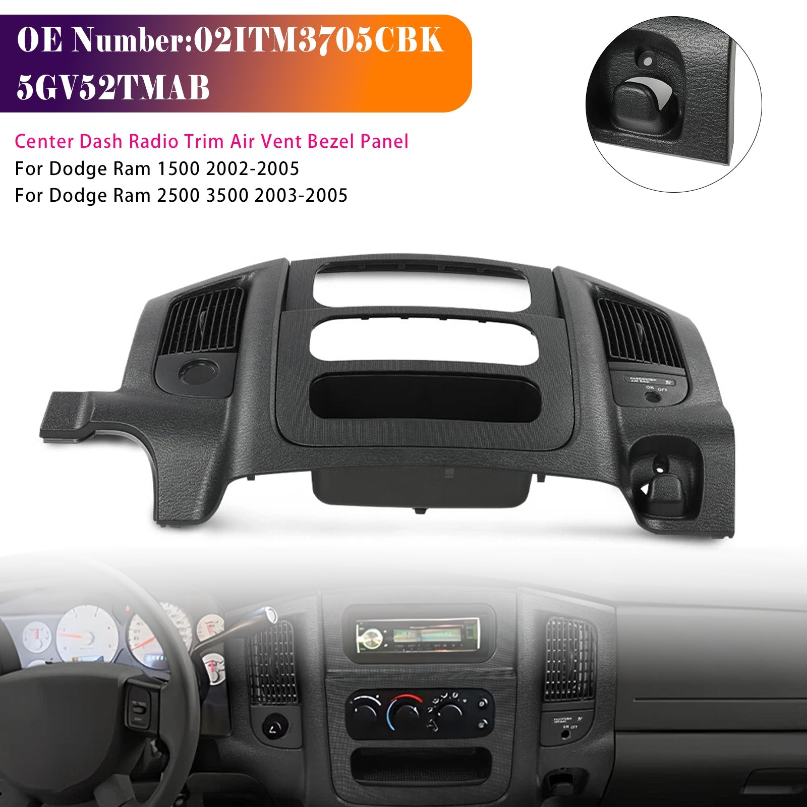 2002-2005 Dodge Ram 1500 Center Dash Radio Trim Air Vent Bezel Panel Black