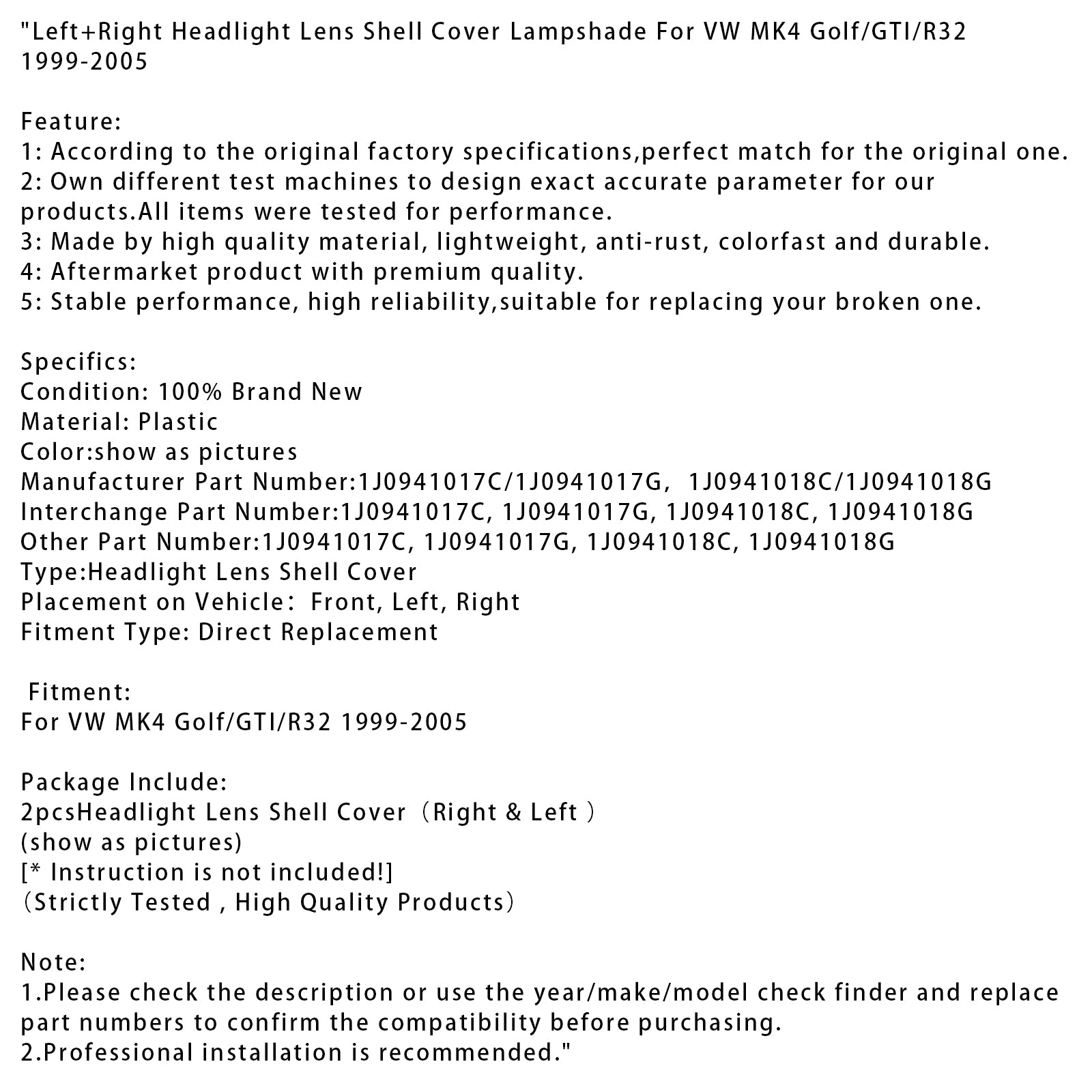 1999-2005 VW MK4 Golf/GTI/R32 Left+Right Headlight Lens Shell Cover Lampshade