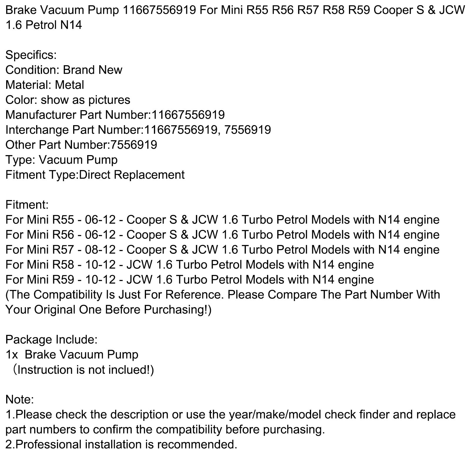 11667556919 Brake Vacuum Pump For Mini R55 R56 R57 R58 R59 Cooper S & JCW