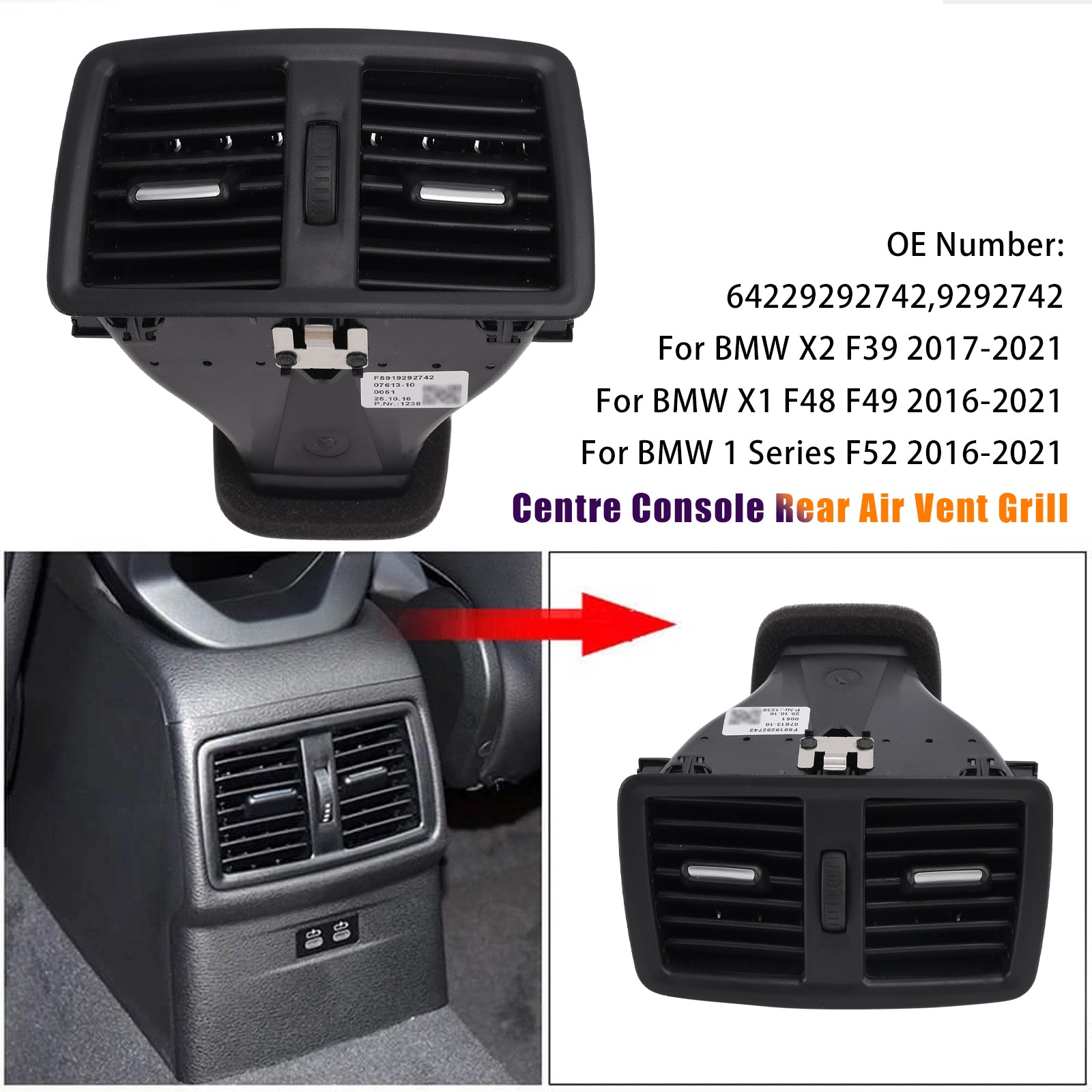 2016-2021 BMW X1 F48 F49Centre Console Rear Air Vent Grill 64229292742
