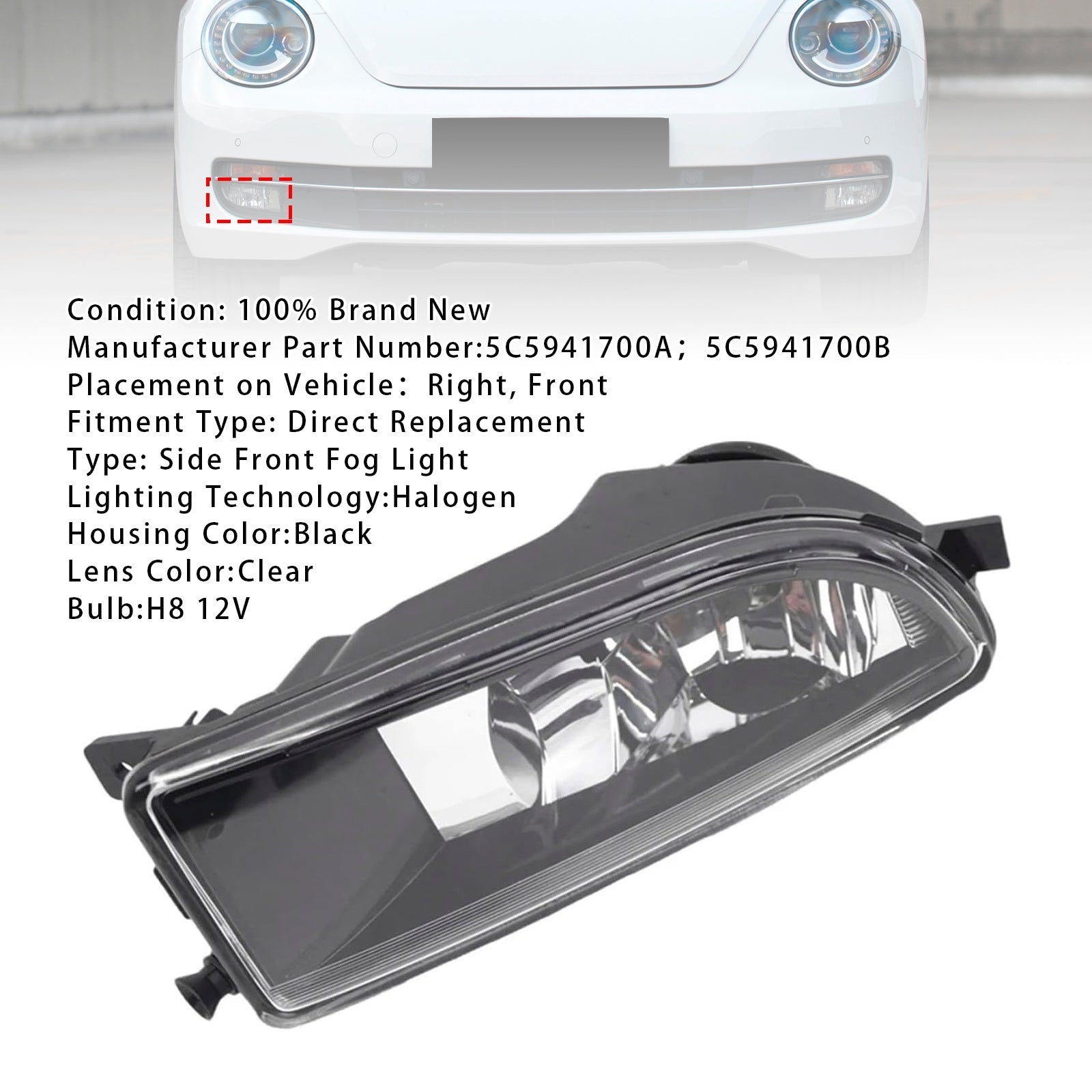 2012-2016 VW Beetle 1 Pcs Front Bumper Right Fog Light With Bulb 5C5941700A