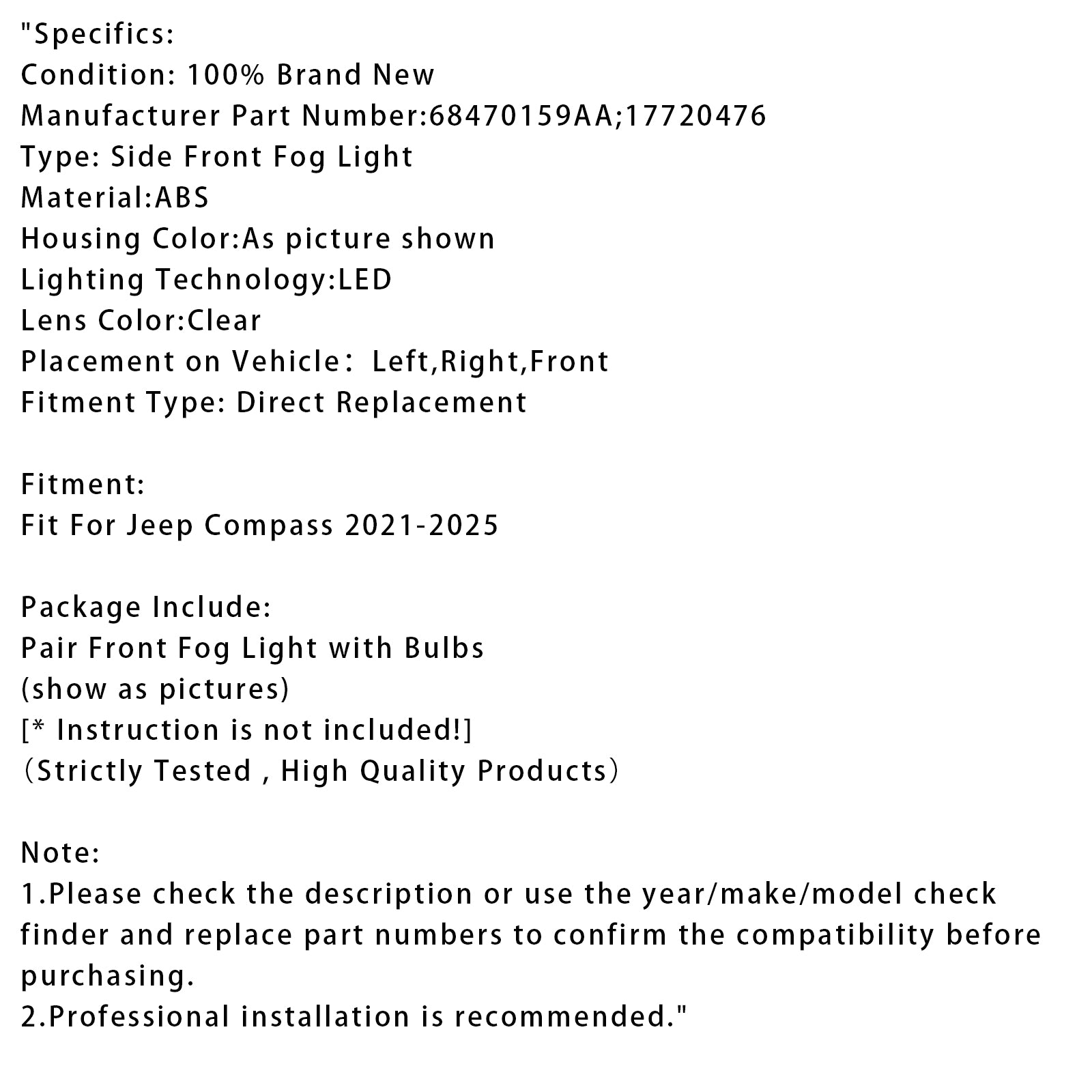 2021-2025 Jeep Compass Pair LED Front Driving Fog Light 68470159AA