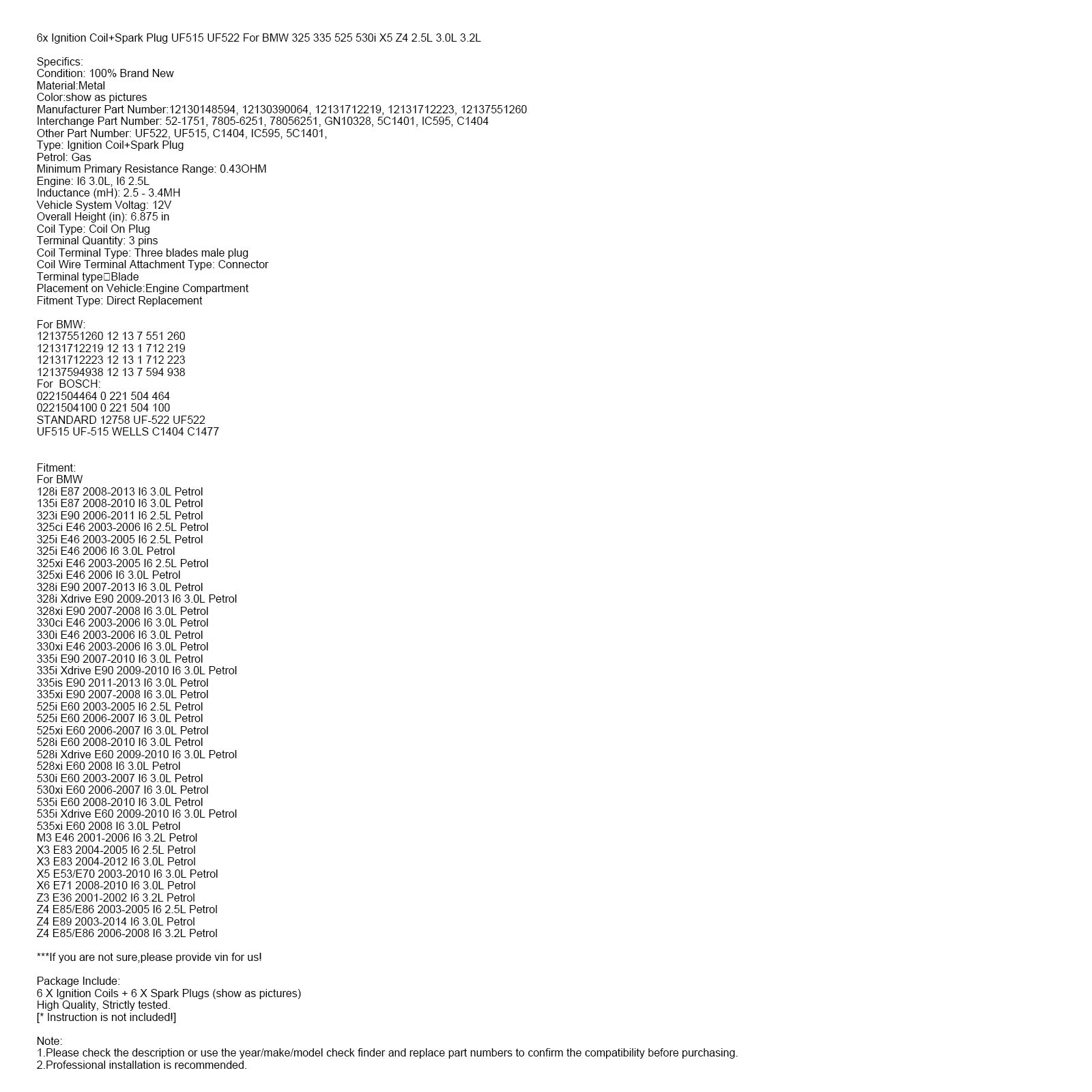 BMW 325 335 525 530i X5 Z4 2.5L 3.0L 6x Ignition Coil+Spark Plug UF515 UF522