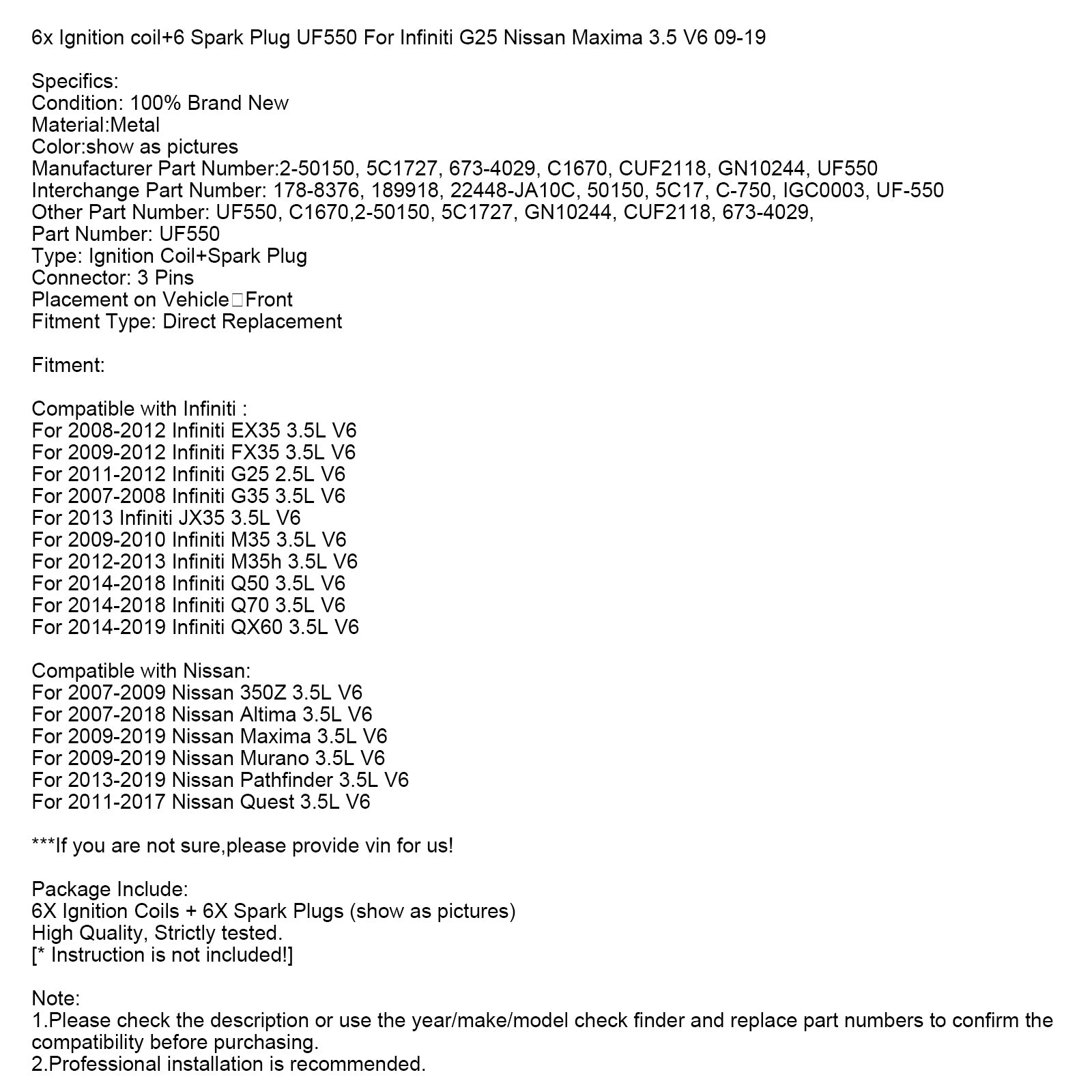 인피니티 G25 닛산 맥시마 3.5 V6 09-19 6 점화 코일+6 점화 플러그 UF550 페덱스 익스프레스