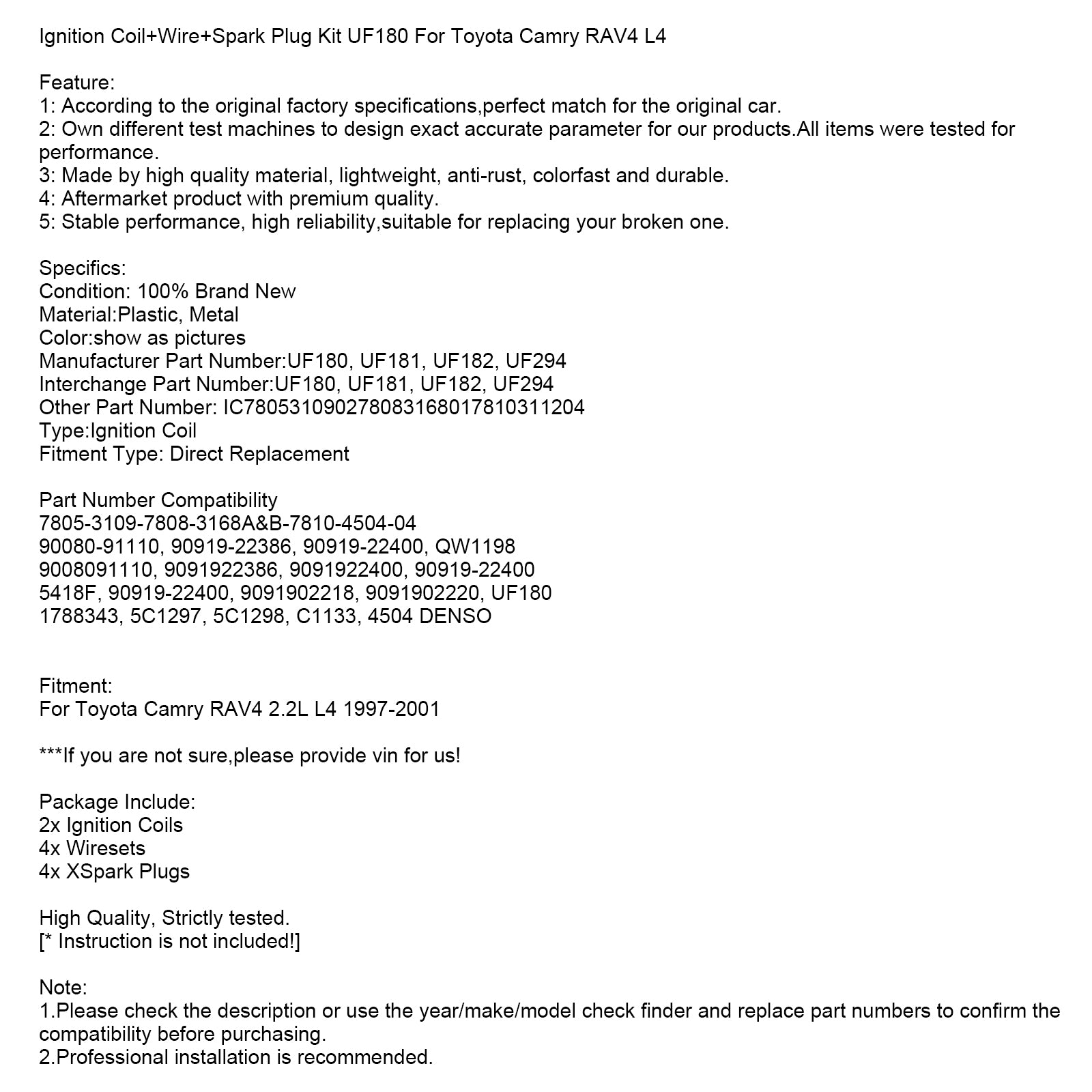 UF180 UF181 UF182 UF294 Ignition Coil+Wire+Spark Plug Kit For Toyota Camry RAV4 L4