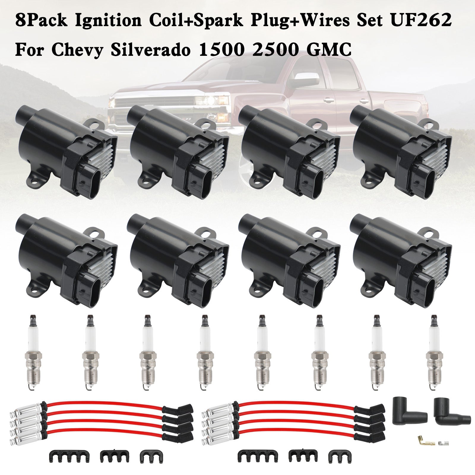 1999-2007 Silverado Sierra 1500 4.8L 5.3L 8Pack Ignition Coil+Spark Plug+Wires Set UF262