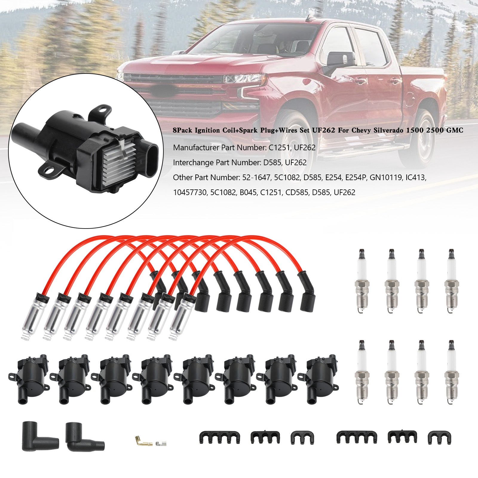 1999-2007 Silverado Sierra 1500 4.8L 5.3L 8Pack Ignition Coil+Spark Plug+Wires Set UF262