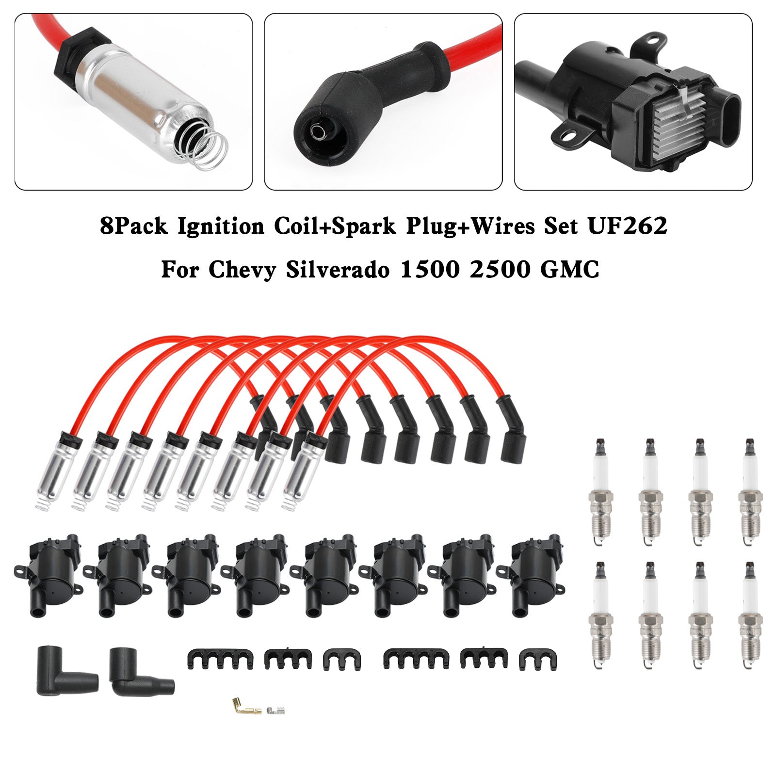 1999-2007 Silverado Sierra 1500 4.8L 5.3L 8Pack Ignition Coil+Spark Plug+Wires Set UF262