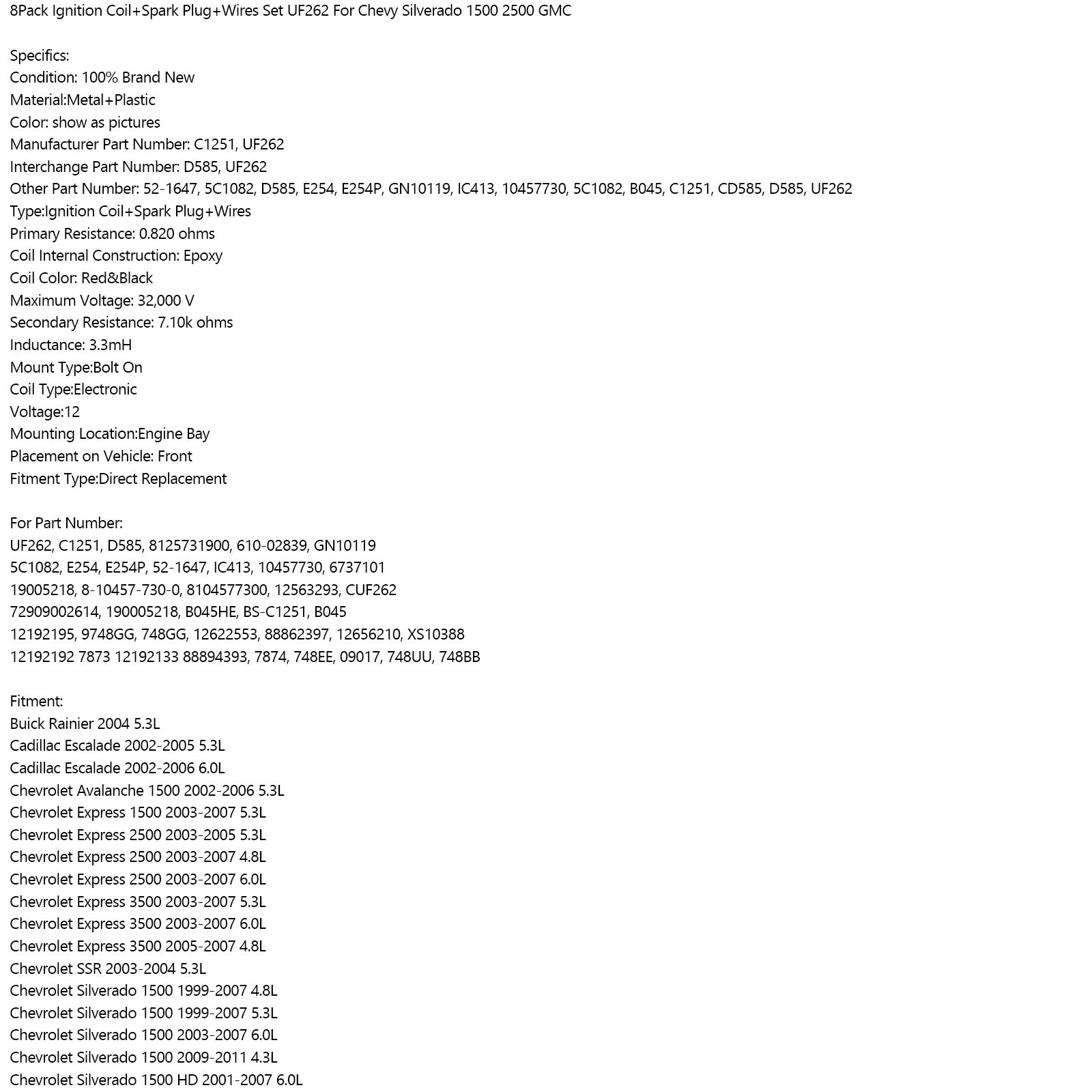 1999-2007 Silverado Sierra 1500 4.8L 5.3L 8Pack Ignition Coil+Spark Plug+Wires Set UF262