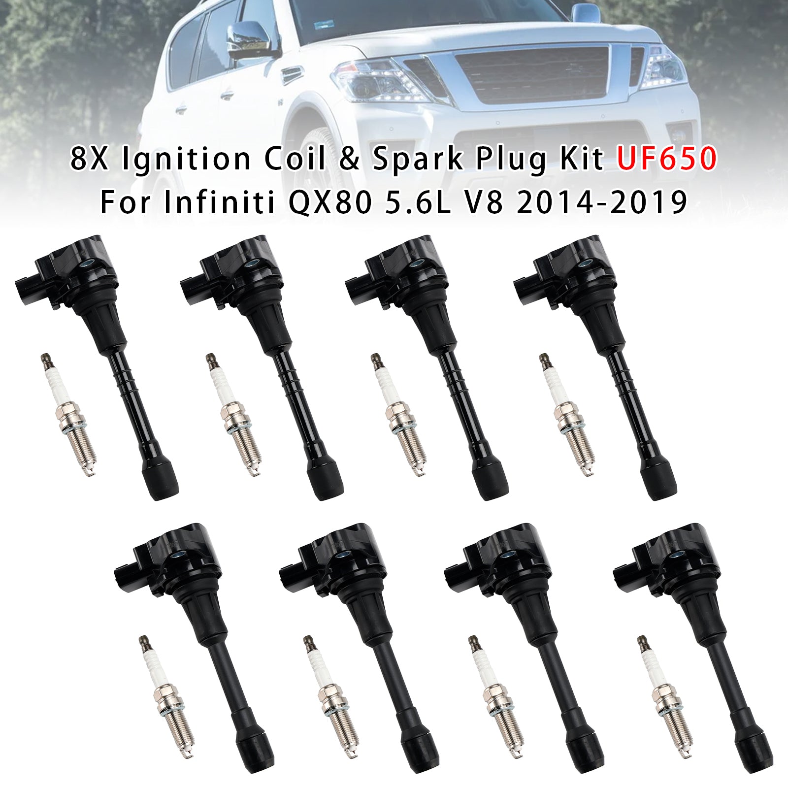 2017-2019 Nissan Armada V8 5.6L Front Bank 8X Ignition Coil & Spark Plug Kit UF650