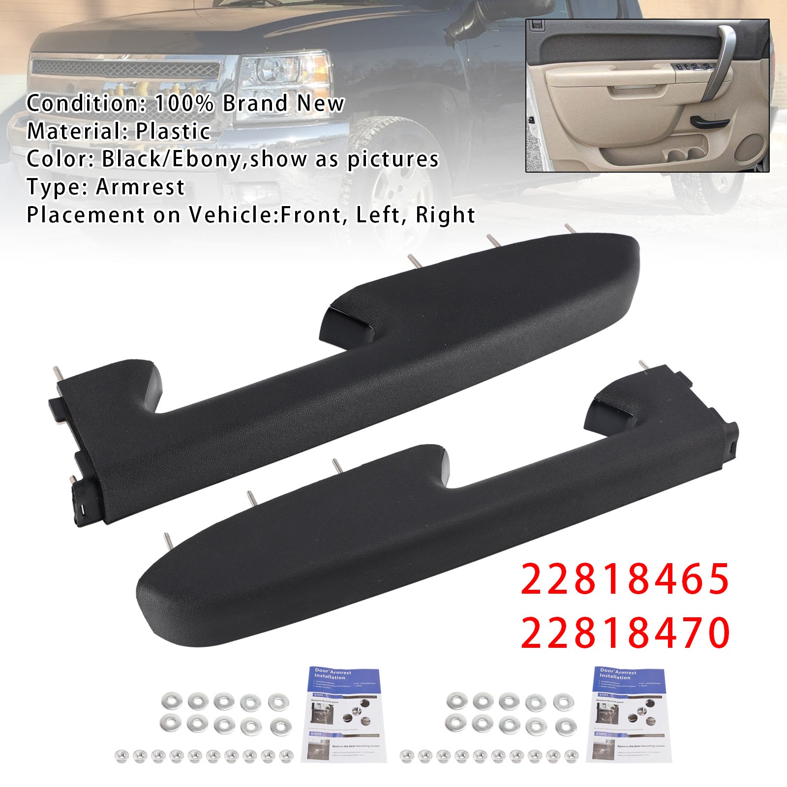 Front Armrest Repair Kit For Chevy Silverado 1500 2500HD 3500HD 2010-2014 Black