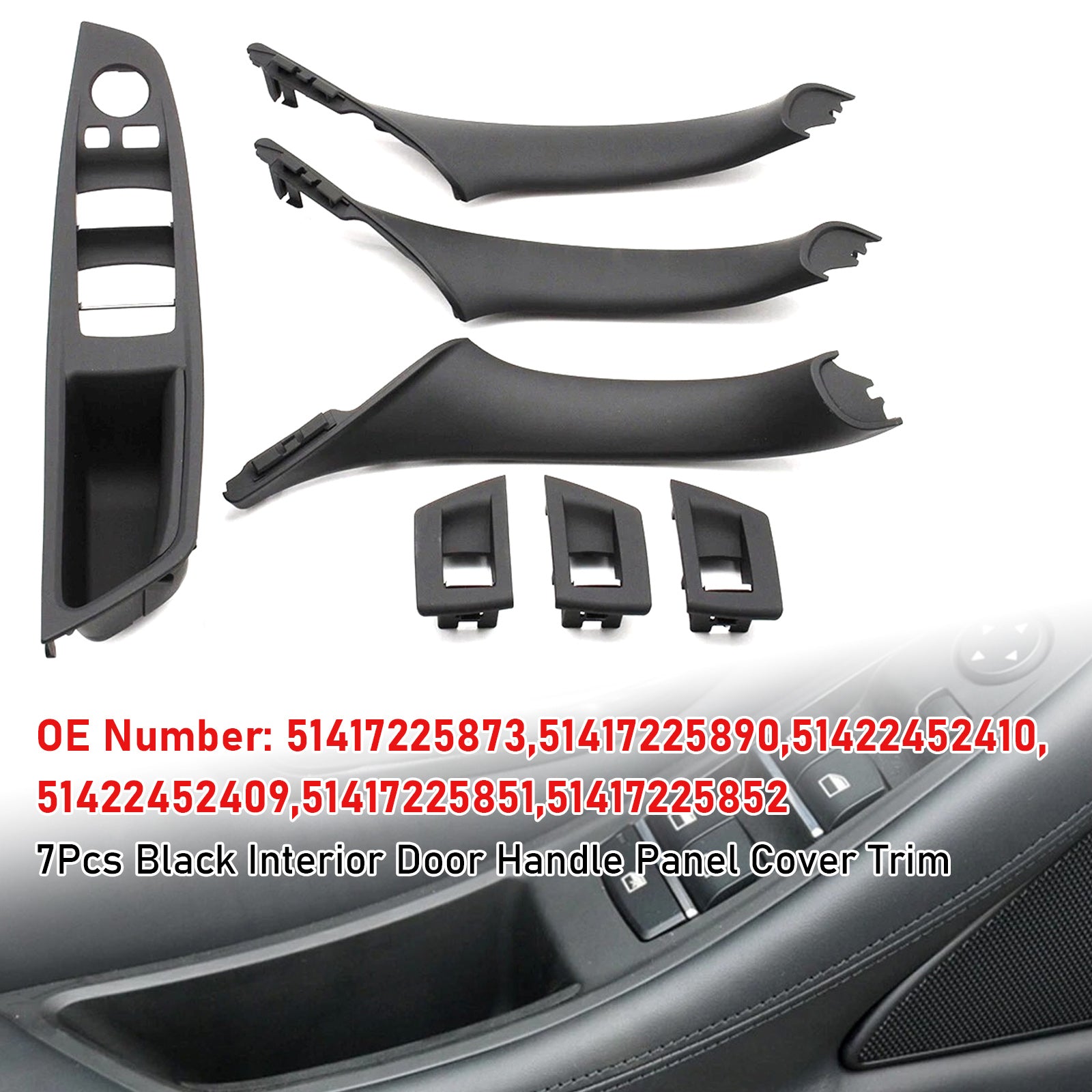 7x Black Inner Door Panel Handle Pull Trim Cover For BMW 5 Series F10 F11 10-16