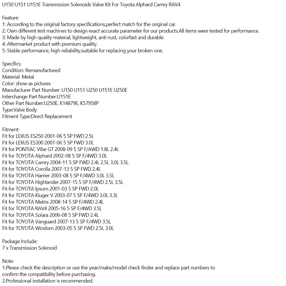 Toyota Alphard Camry RAV4 U150 U151 U151E Transmission Solenoids Valve Kit