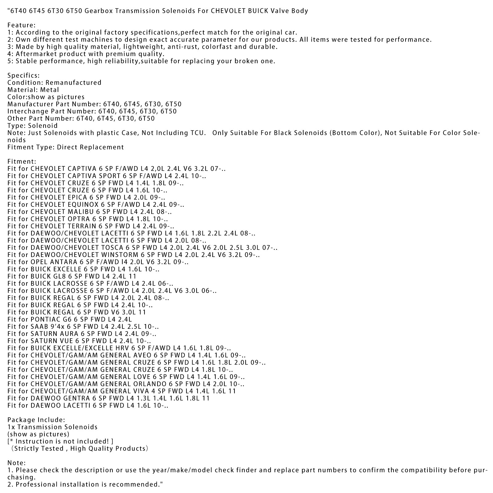 6T40 6T45 6T30 6T50 Gearbox Transmission Solenoids For CHEVOLET BUICK Valve Body