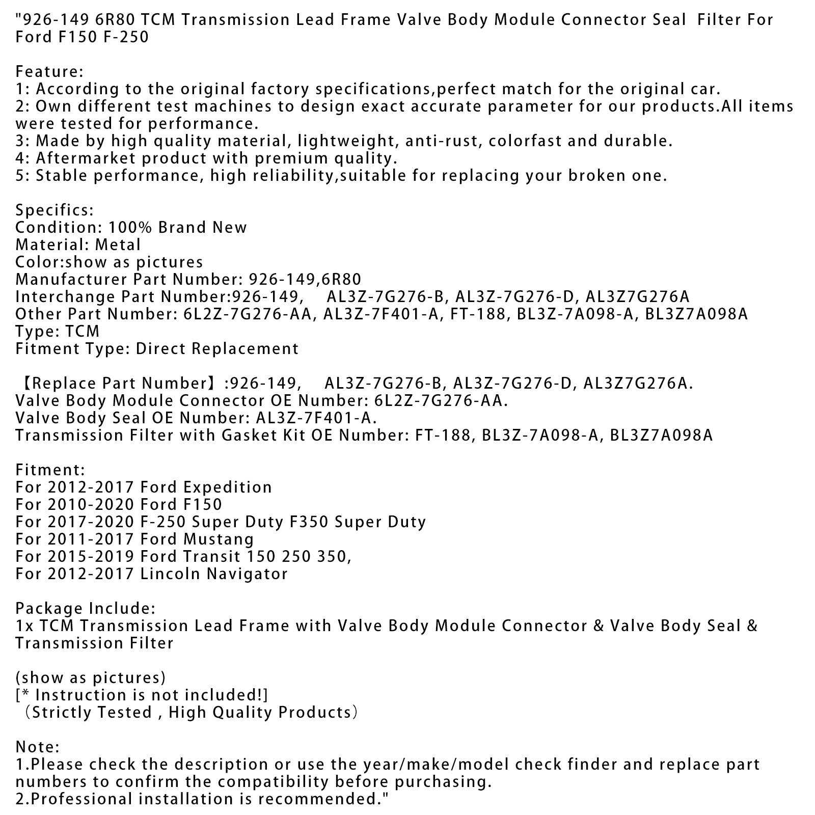 2017-2020 F-250 Super Duty F350 Super Duty TCM Transmission Lead Frame Valve Body Module Connector Seal Filter