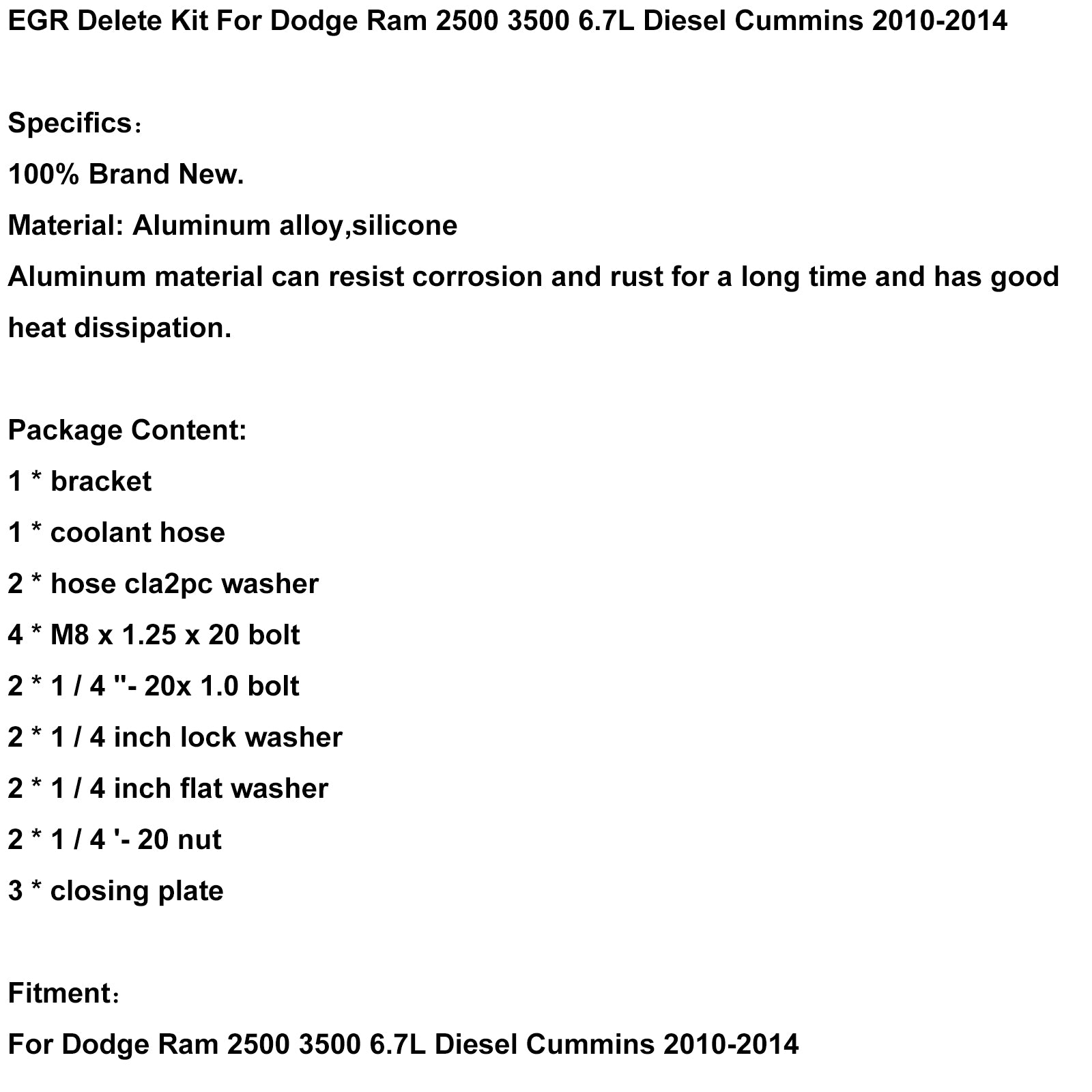 2010-2014 Dodge Ram 2500 3500 6.7L Diesel Cummins EGR Delete Kit Fedex Express