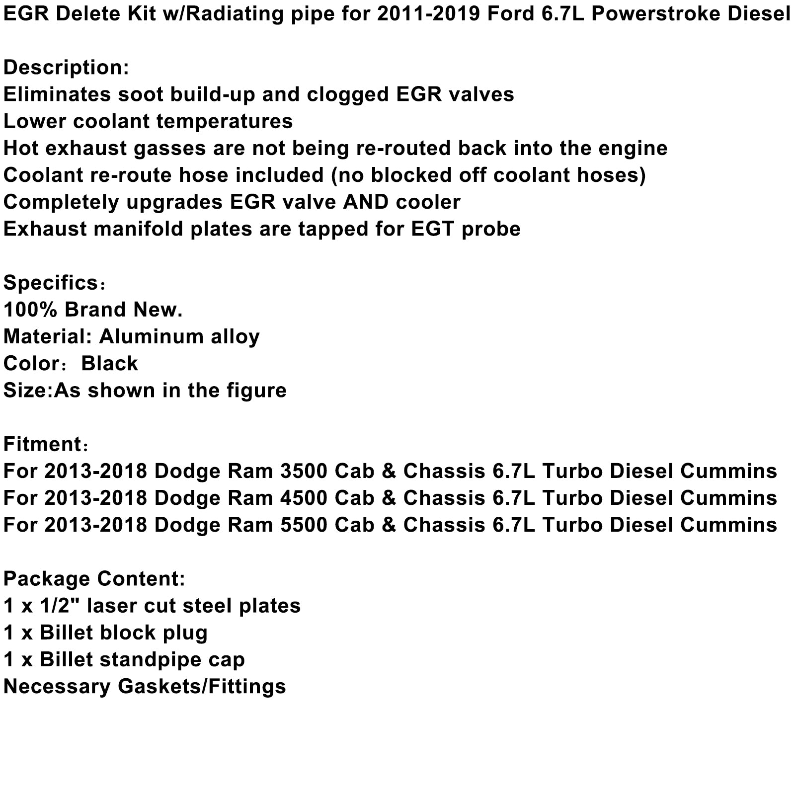 EGR Delete Kit For Dodge Ram 3500 4500 5500 6.7L Cummins 2013-2023 Cab & Chassis Generic