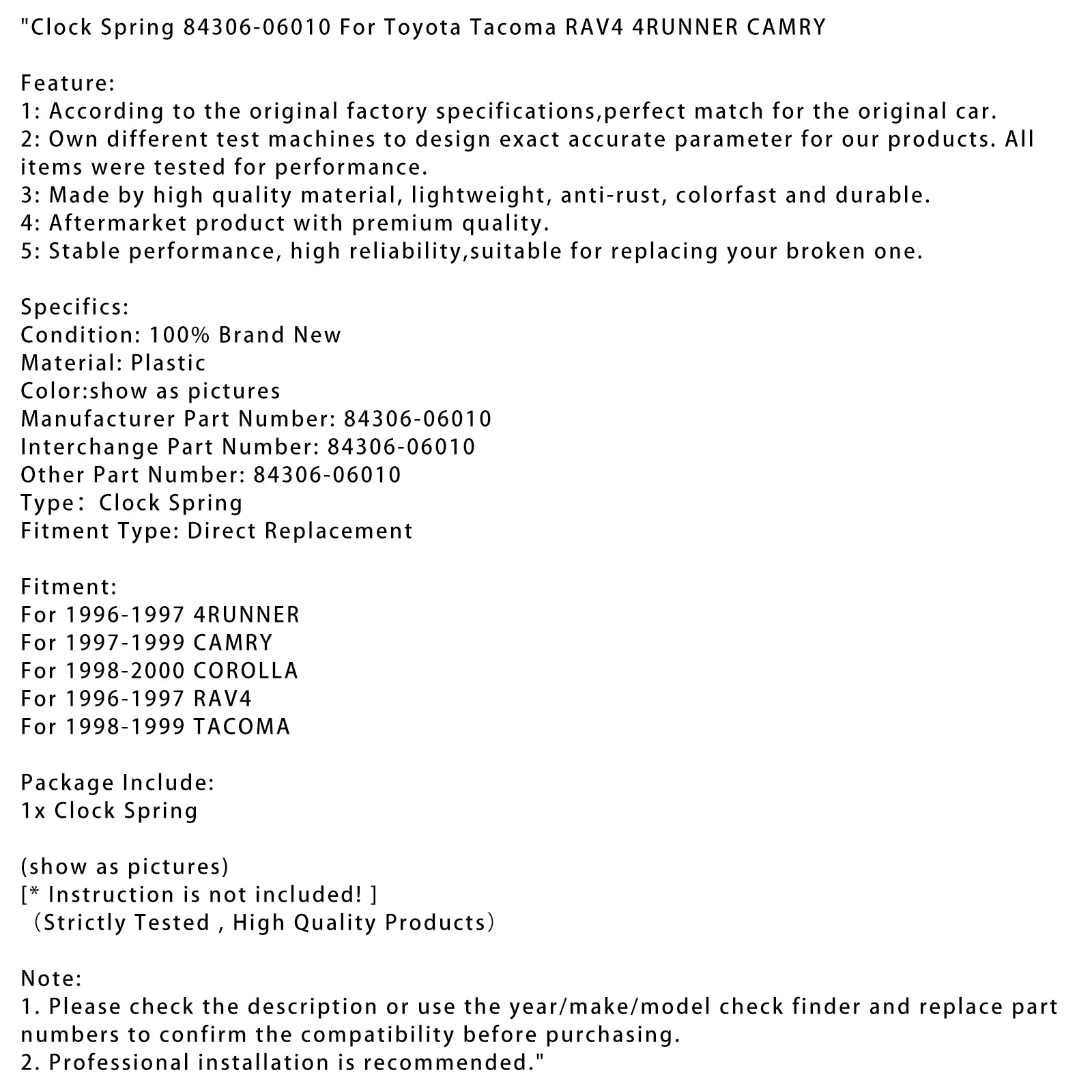 Clock Spring 84306-06010 For Toyota Tacoma RAV4 4RUNNER CAMRY