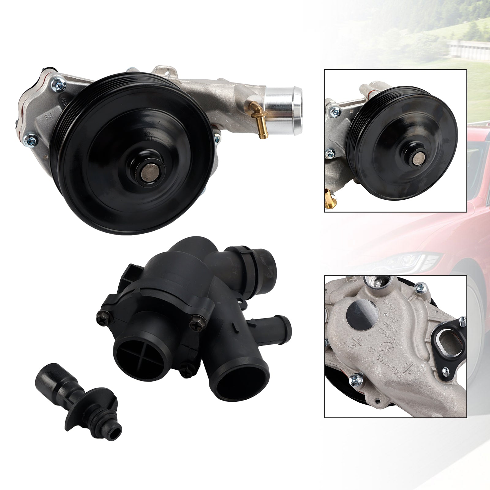 Jaguar 2010 - 2015 XK XKR XKR-S Water Pump w/ Bolts Gaskets Connector + Thermostat Kit