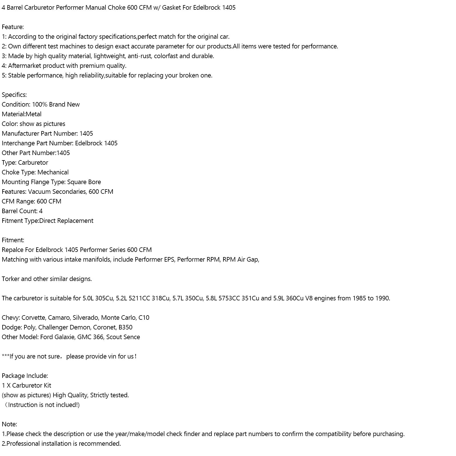 4 Barrel Carburetor Performer Manual Choke 600 CFM w/ Gasket For Edelbrock 1405