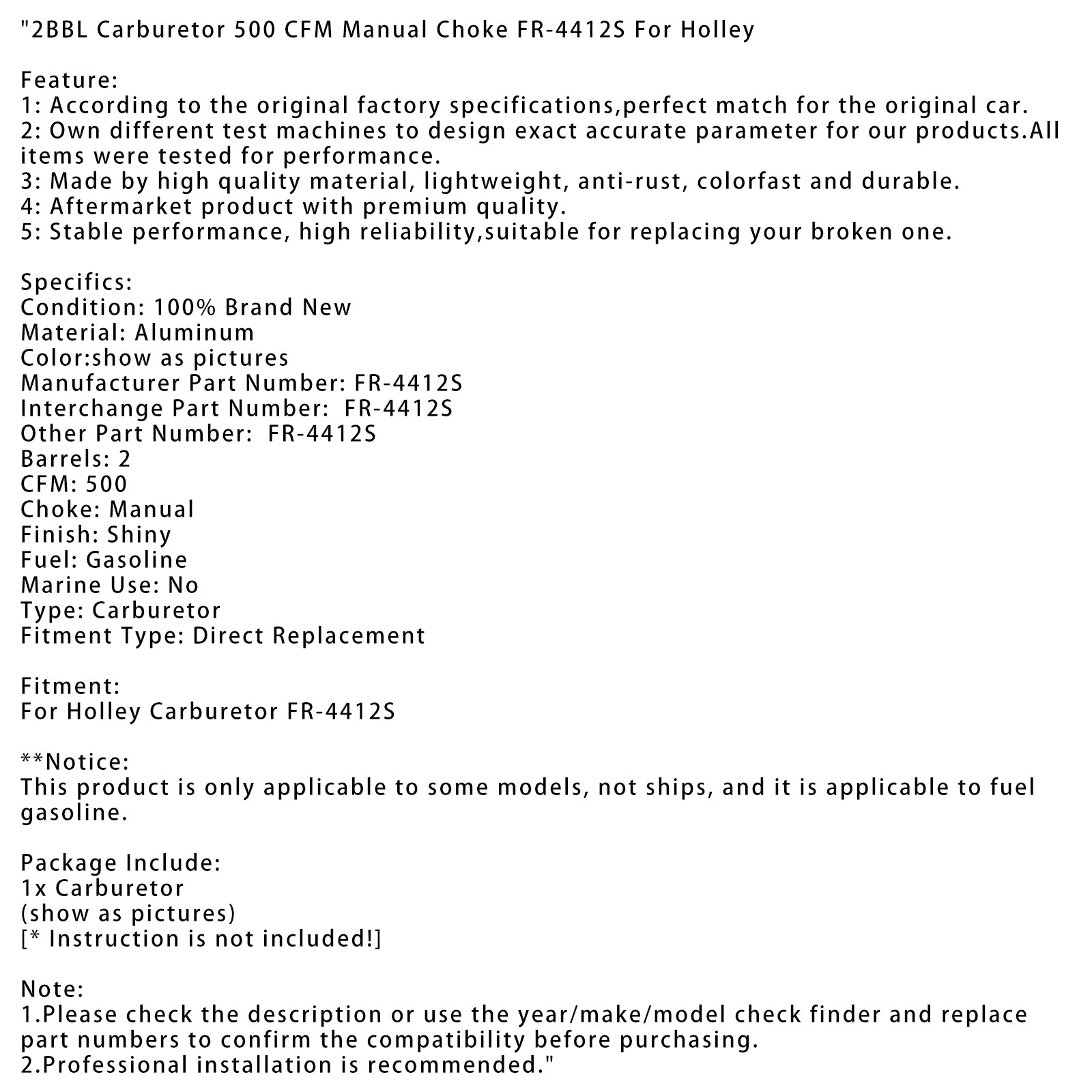 2 Barrel Carburetor 500 CFM - Manual Choke FR-4412S for Holley High Flow