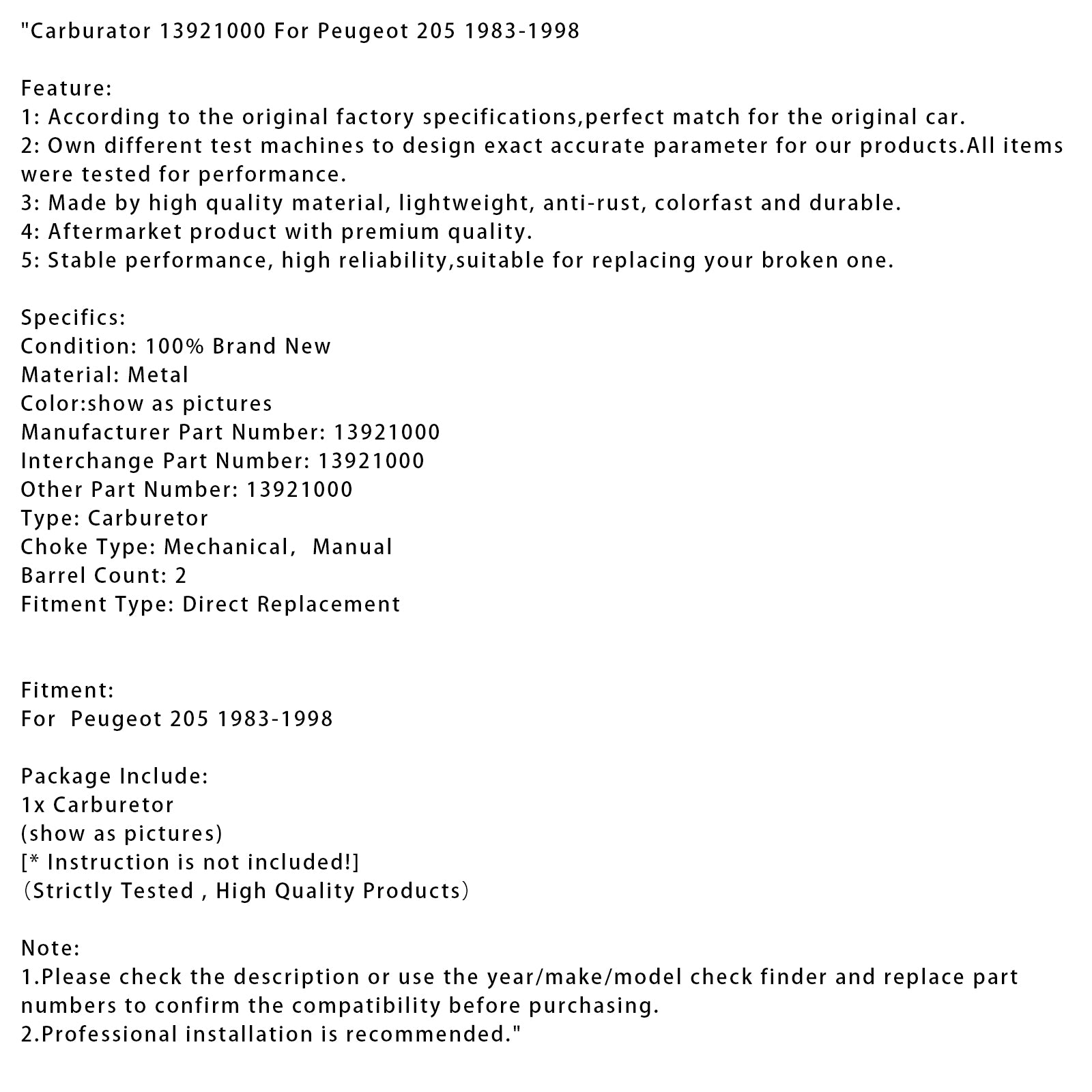 1983-1998 Peugeot 205 Carburator 13921000