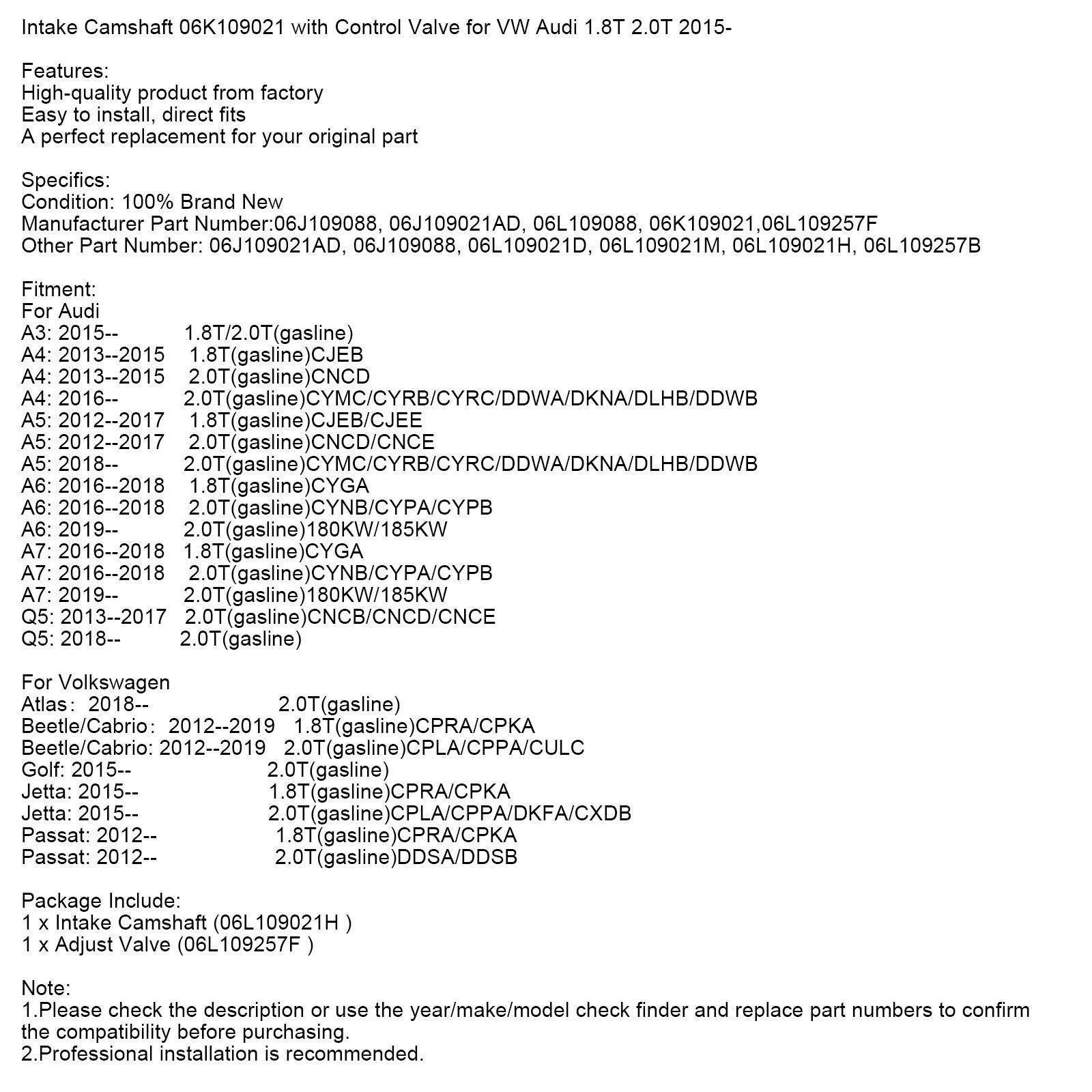 2012 Volkswagen Passat 1.8T 2.0T Intake Camshaft 06K109021 with Control Valve