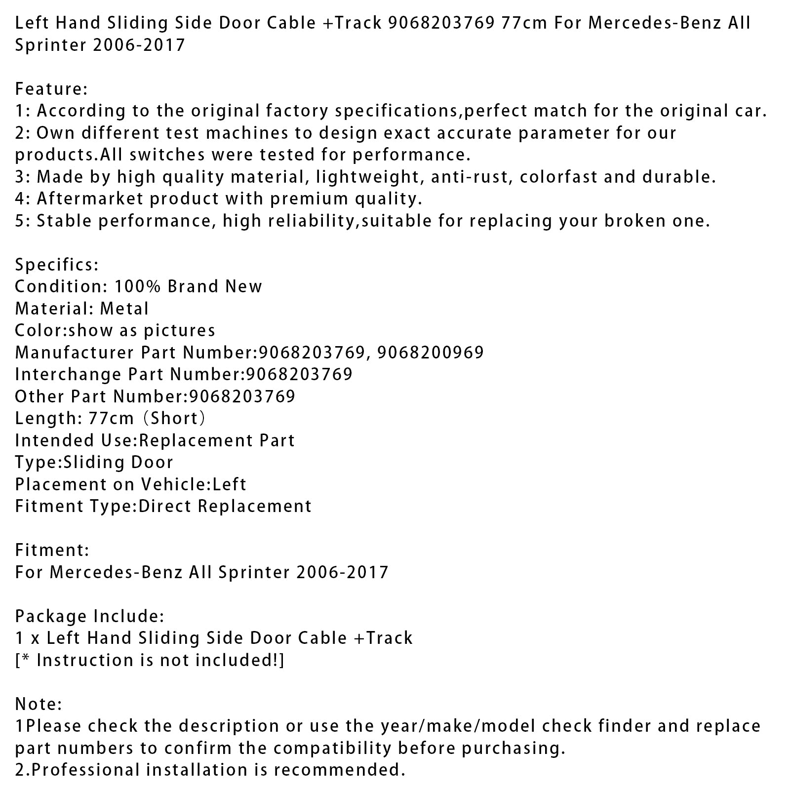 Left Hand Sliding Side Door Cable +Track 9068203769 For Sprinter VW Crafter 06- Generic
