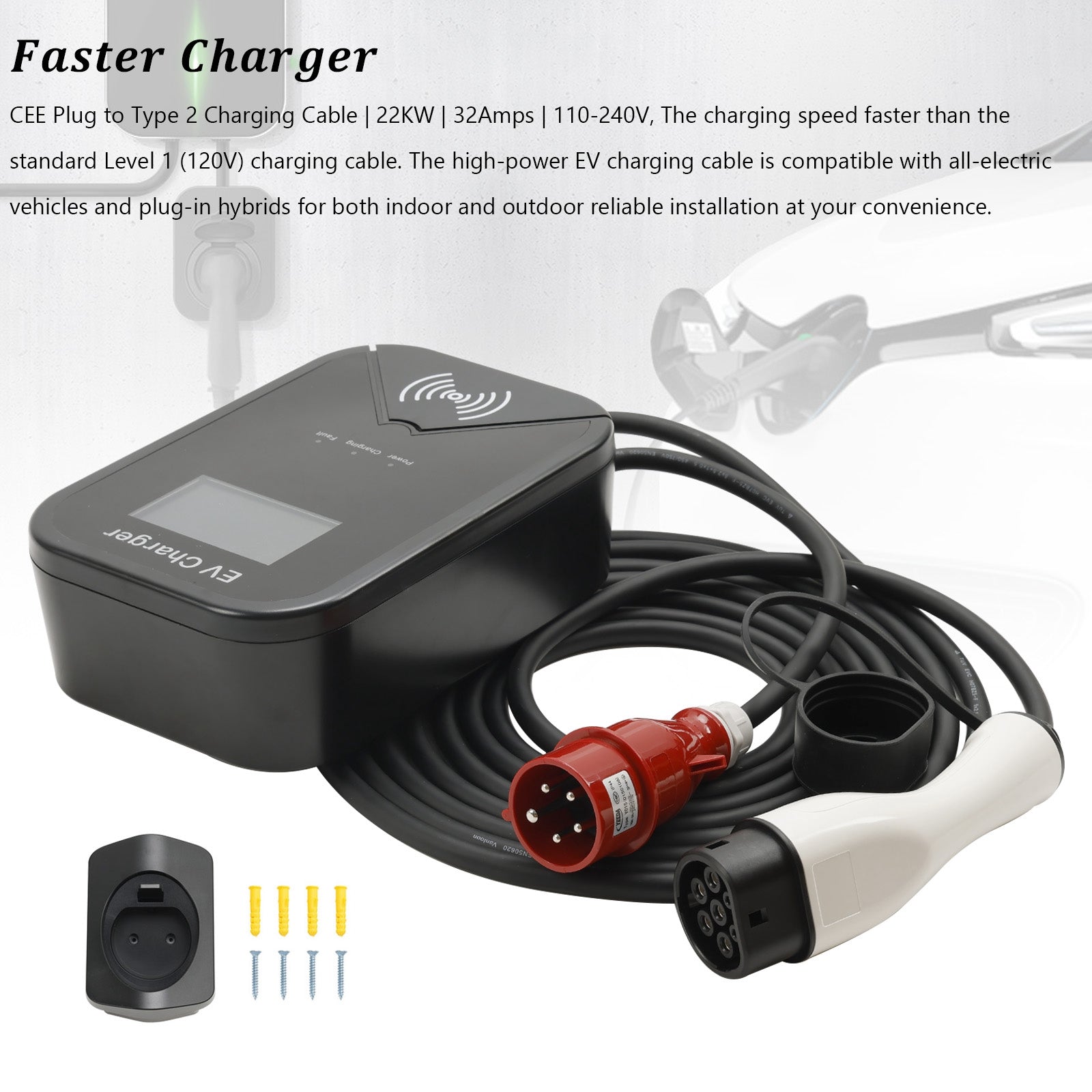 EV Charger Type 2 22KW Home Charging Station 32A Wallbox 7m Charging Cable With Charger Holder APP Control CEE 3-Phase Plug For All EV and PHEVs