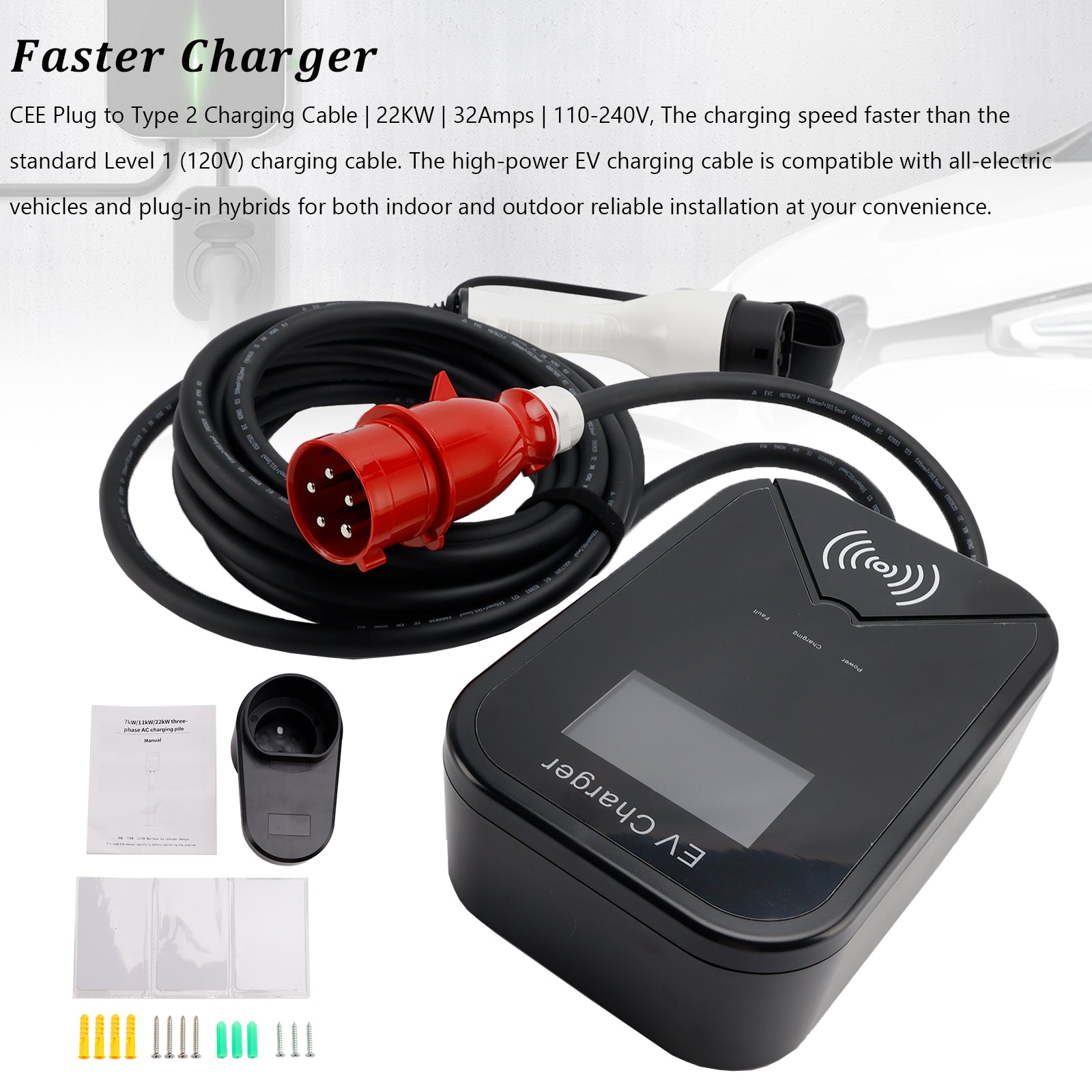 Cargador EV, caja de pared de carga, unidad de enchufe rápido EV WallBox 32A 22KW Type2 IP65