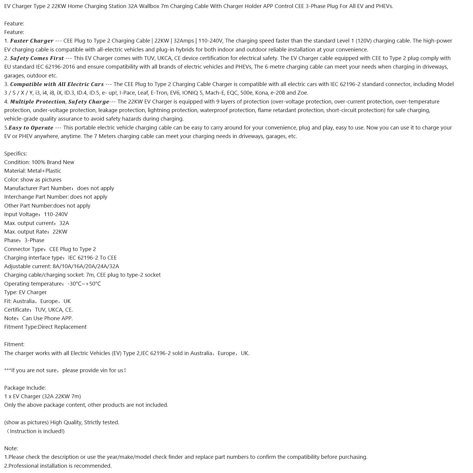 EV Charger Type 2 22KW Home Charging Station 32A Wallbox 7m Charging Cable With Charger Holder APP Control CEE 3-Phase Plug For All EV and PHEVs