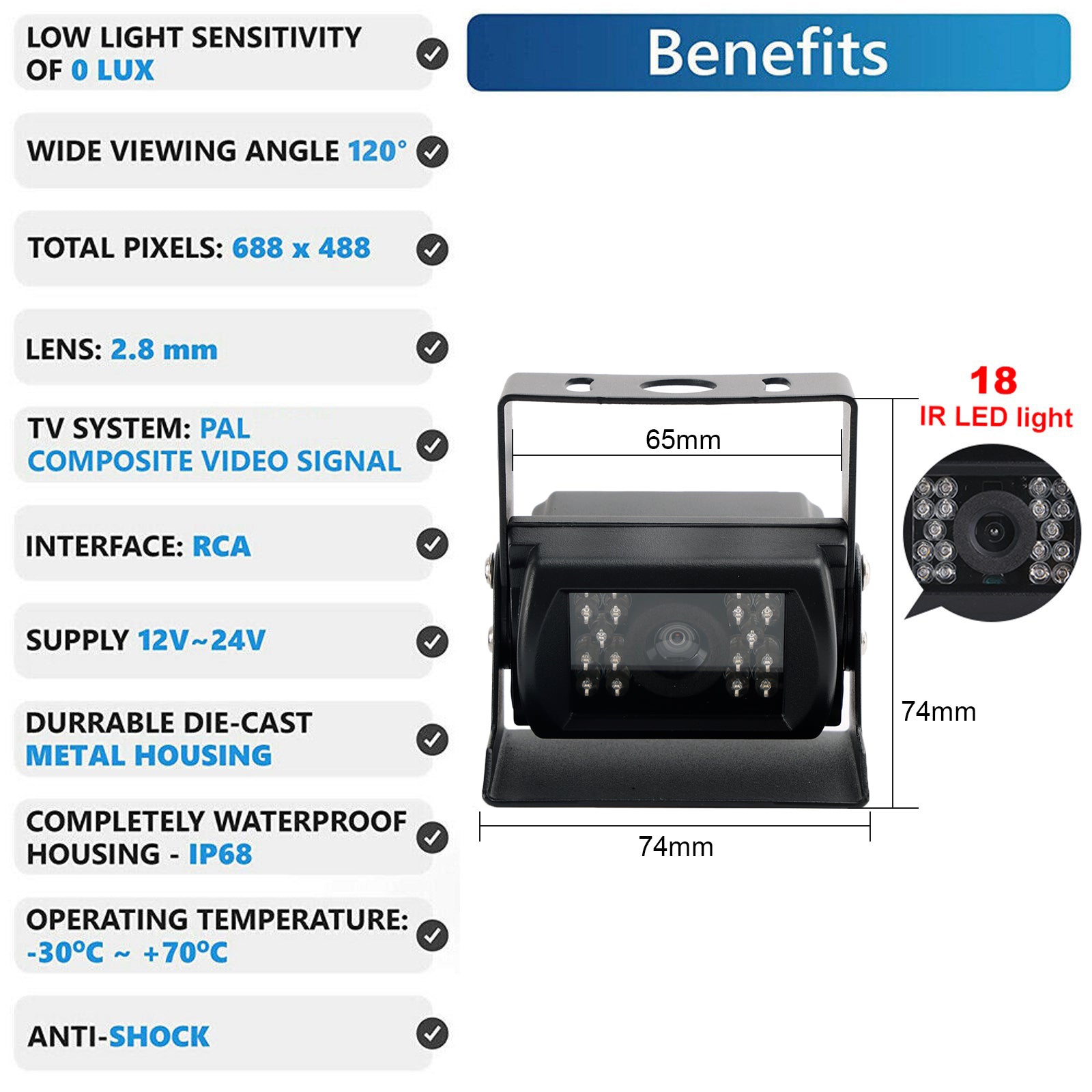 18 IR CCD 자동차 후방 카메라 고성능 후방 카메라 12-24V