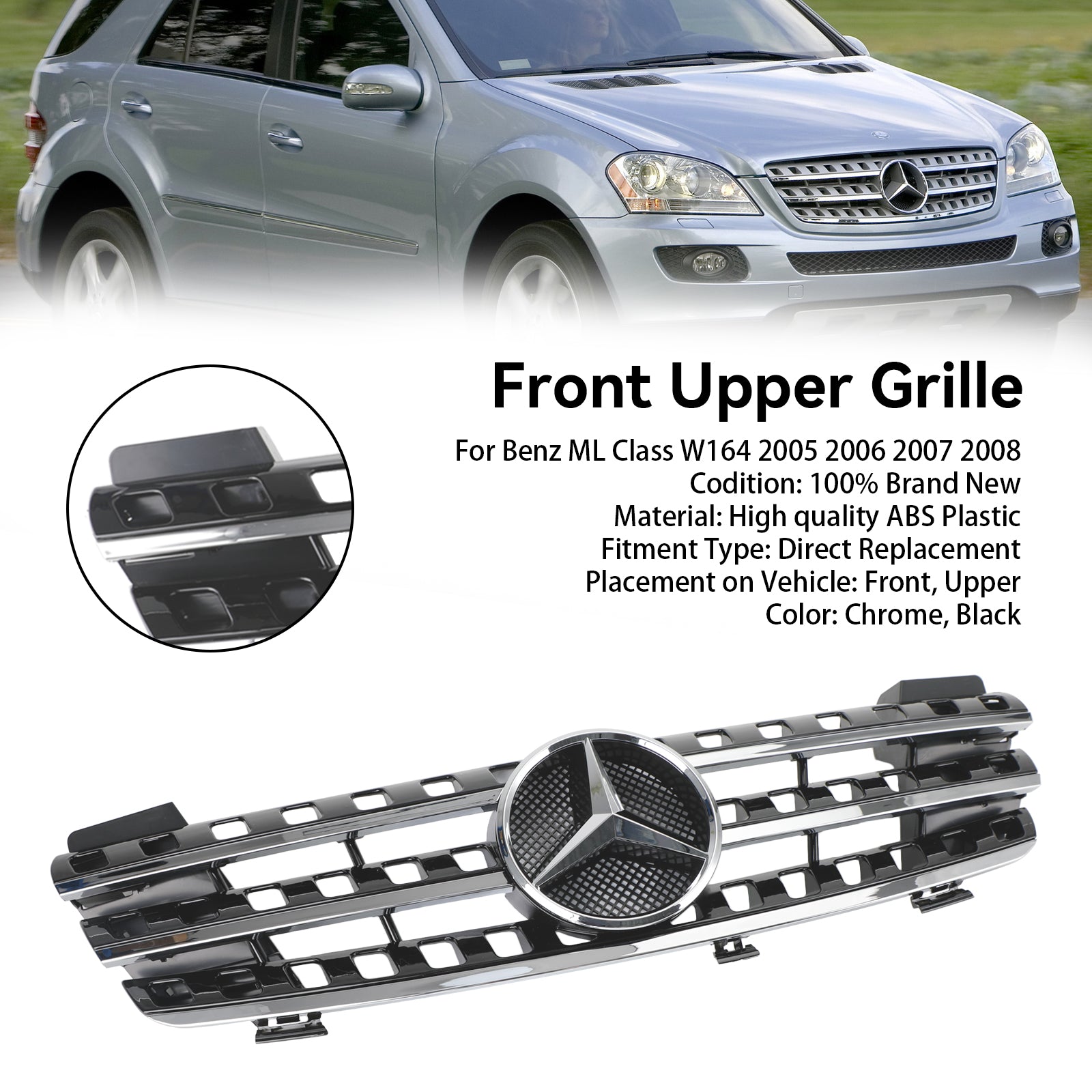 Mercedes Benz W164 2005-2008 ML M-Class Front Grill with Chrome Fins