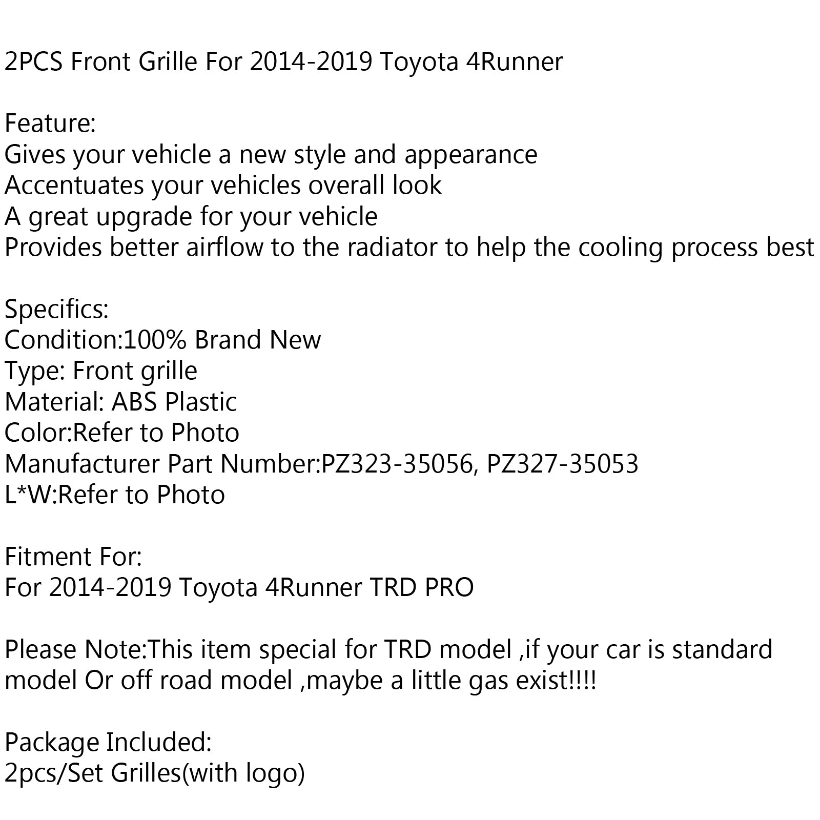 2x Front Bumper Grille Grill Fit For 4Runner TRD PRO 2014-2019 Grey logo Letter Generic