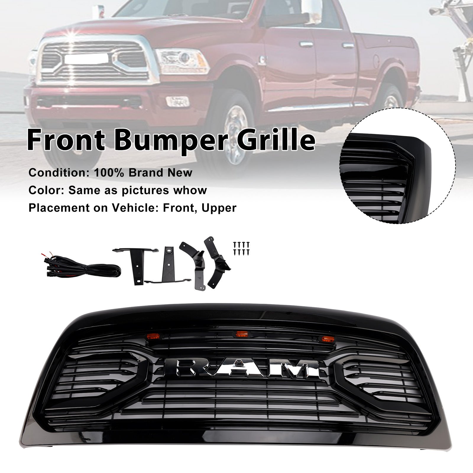 2010-2018 Dodge Ram 2500/3500 Laramie W/ Led Light Black Front Bumper Grille