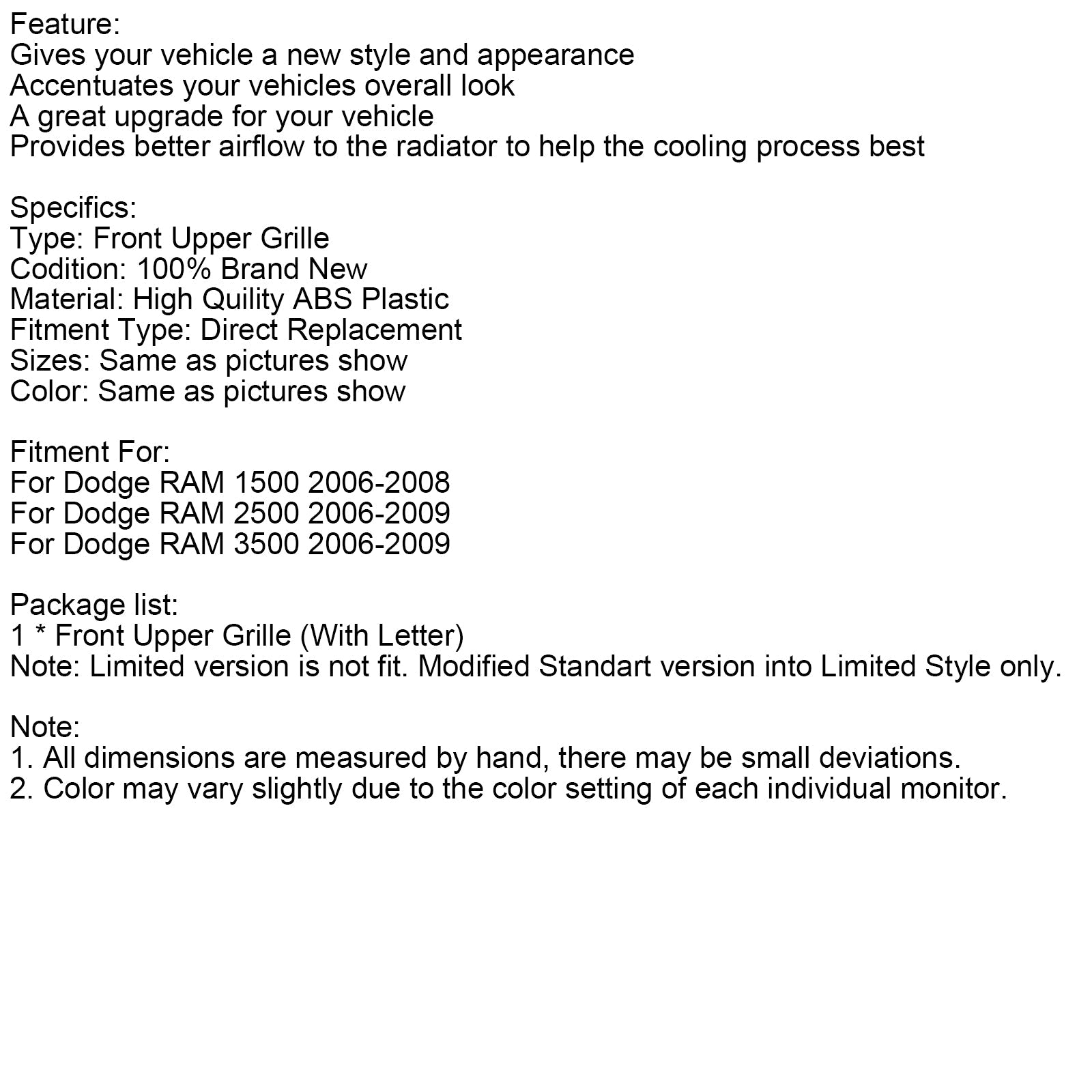 2006-2008 Dodge RAM 1500 LTD Style Front Bumper Grill Grille