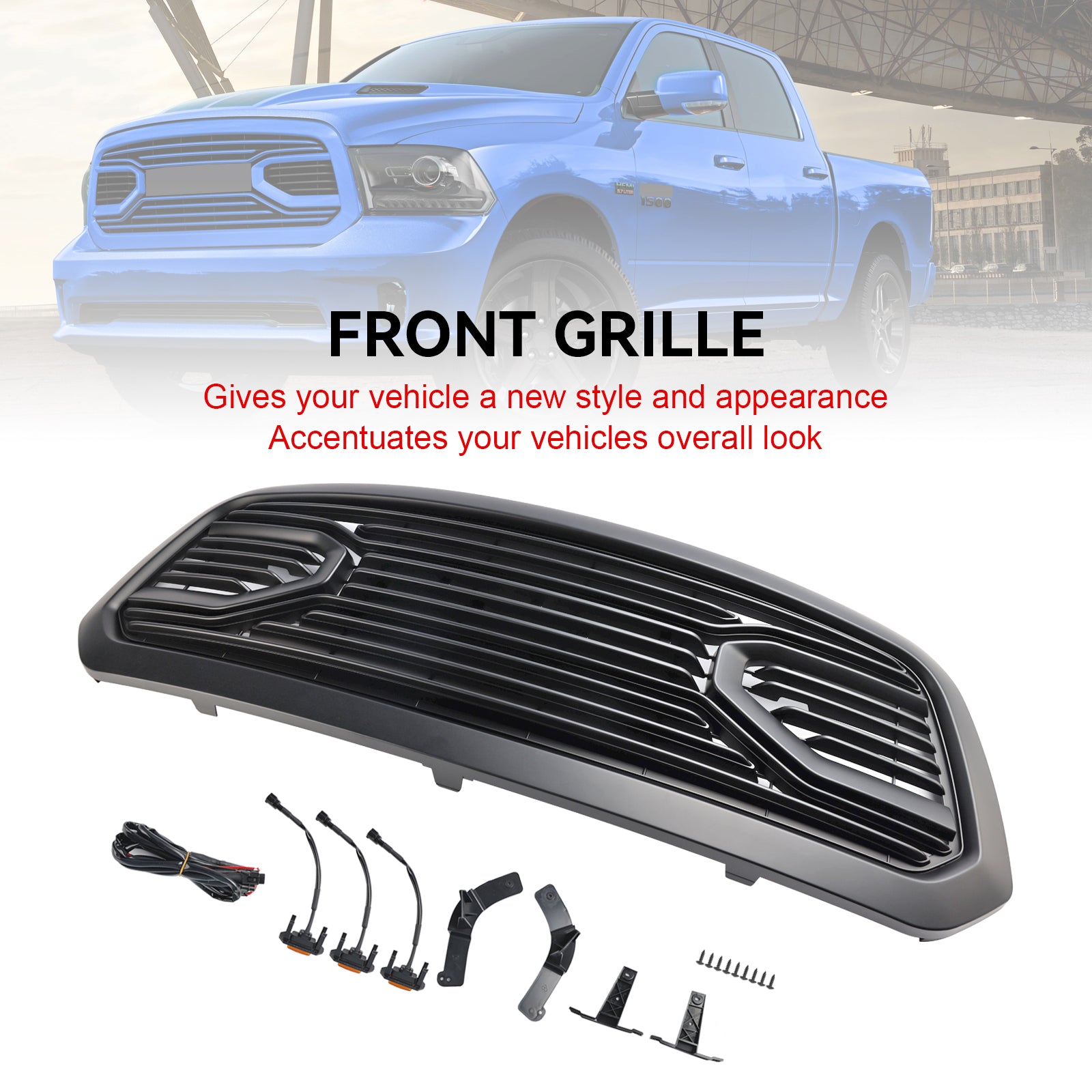 Ram 1500 2013-2018 Grill ABS Honeycomb Bumper Grill Mesh Rebel Style BLK W/Light Generic