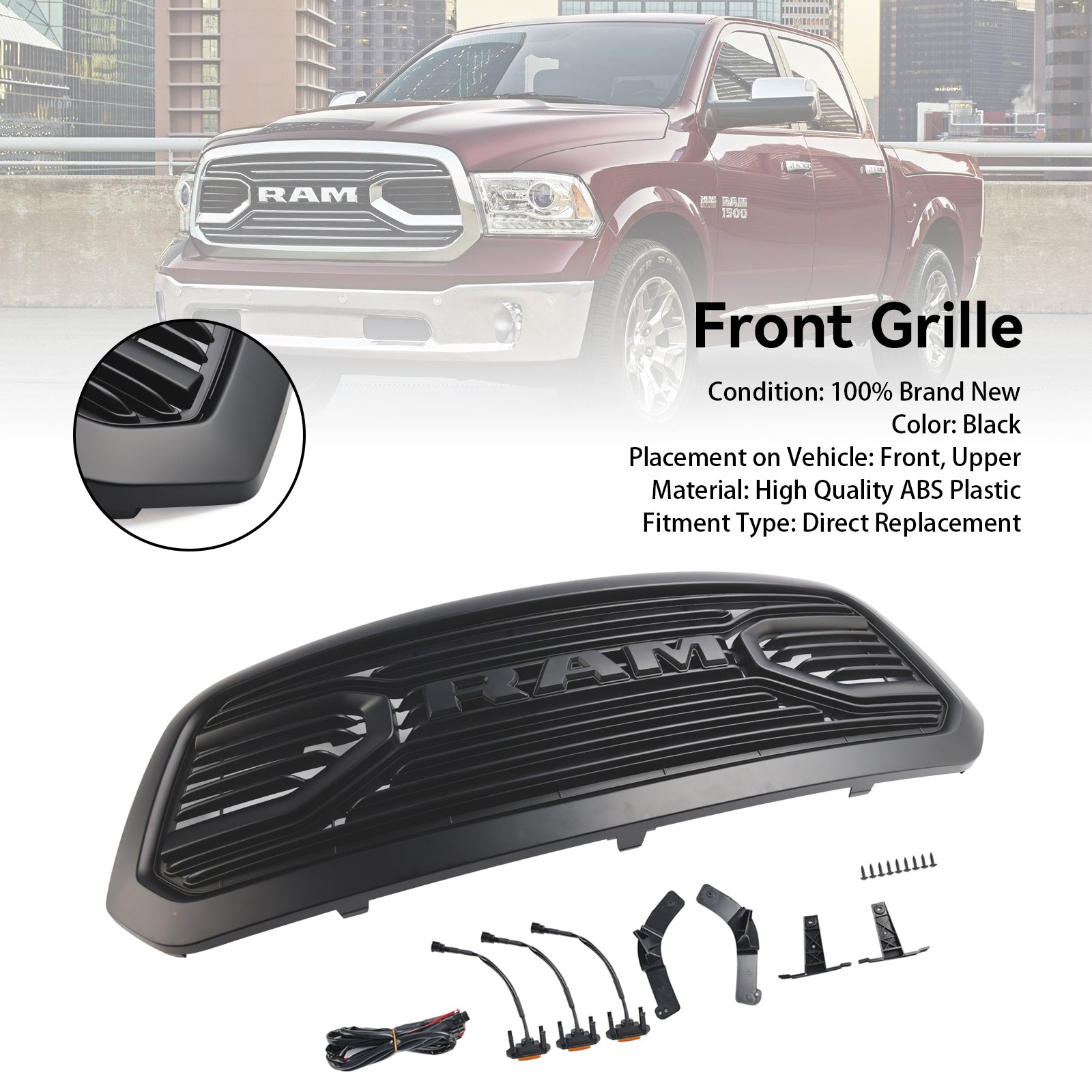 Ram 1500 2013-2018 Grill ABS Honeycomb Bumper Grill Mesh Rebel Style BLK W/Light Generic