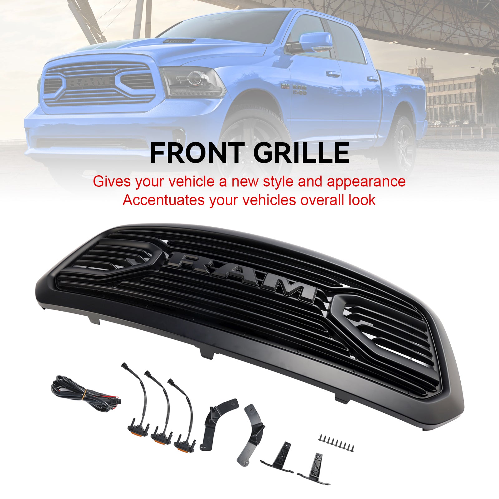 Ram 1500 2013-2018 Grill ABS Honeycomb Bumper Grill Mesh Rebel Style BLK W/Light Generic