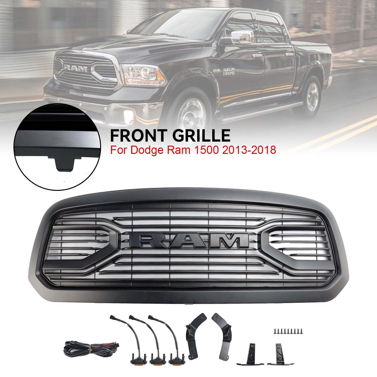 Ram 1500 2013-2018 Grill ABS Honeycomb Bumper Grill Mesh Rebel Style BLK W/Light Generic